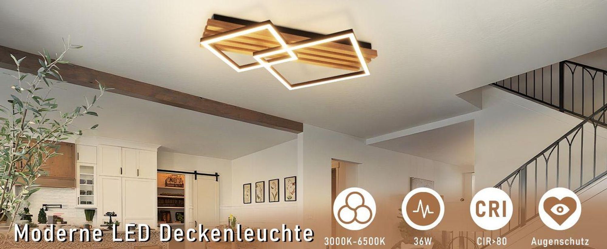 ZMH LED Deckenleuchte Dimmbar Deckenlamape mit Fernbedienung Holz 55CM Schlafzimmerlampe eckig deckenleuchten Geometrisch 36W wohnzimmerlampe