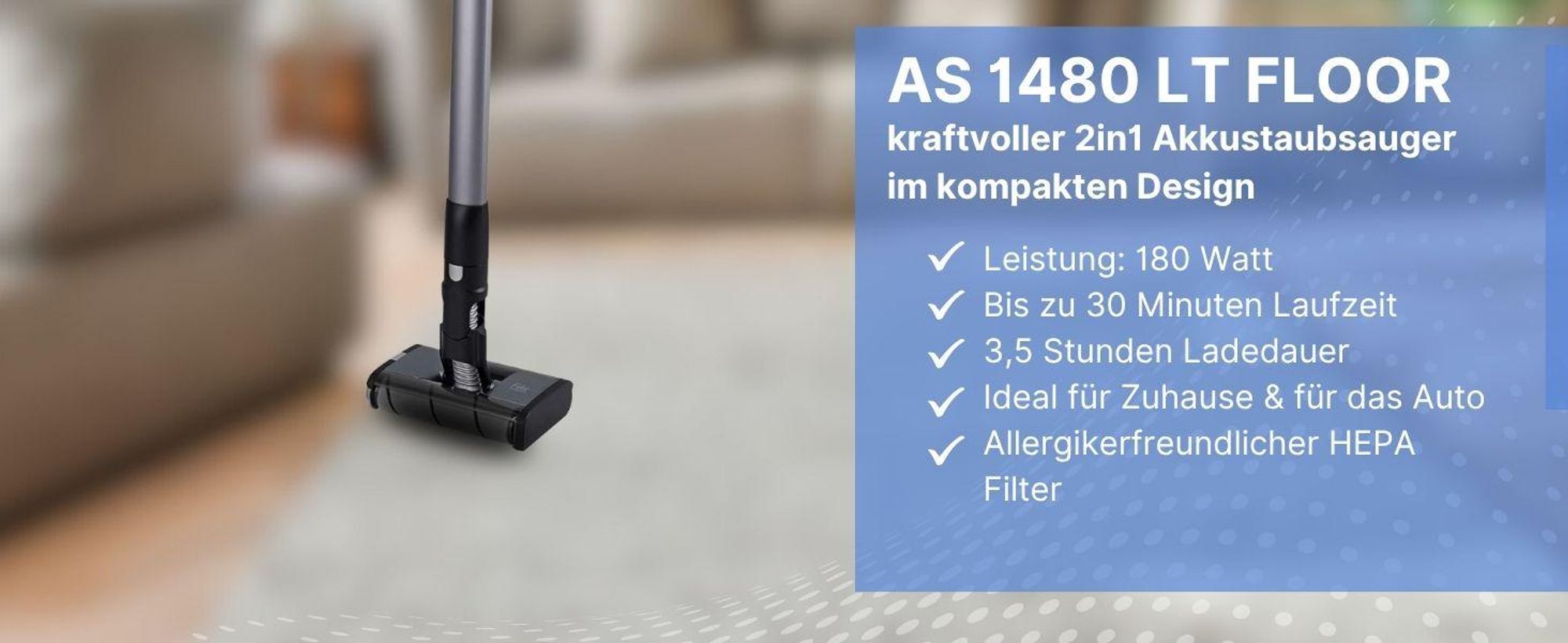 Fakir AS 1480 LT Floor Kabelloser 2in1 Handstaubsauger mit 14.8V Li-Ionen Akku 180W BDLC Motor 20000Pa Saugleistung umfangreiches Zubehör, Staubsauger