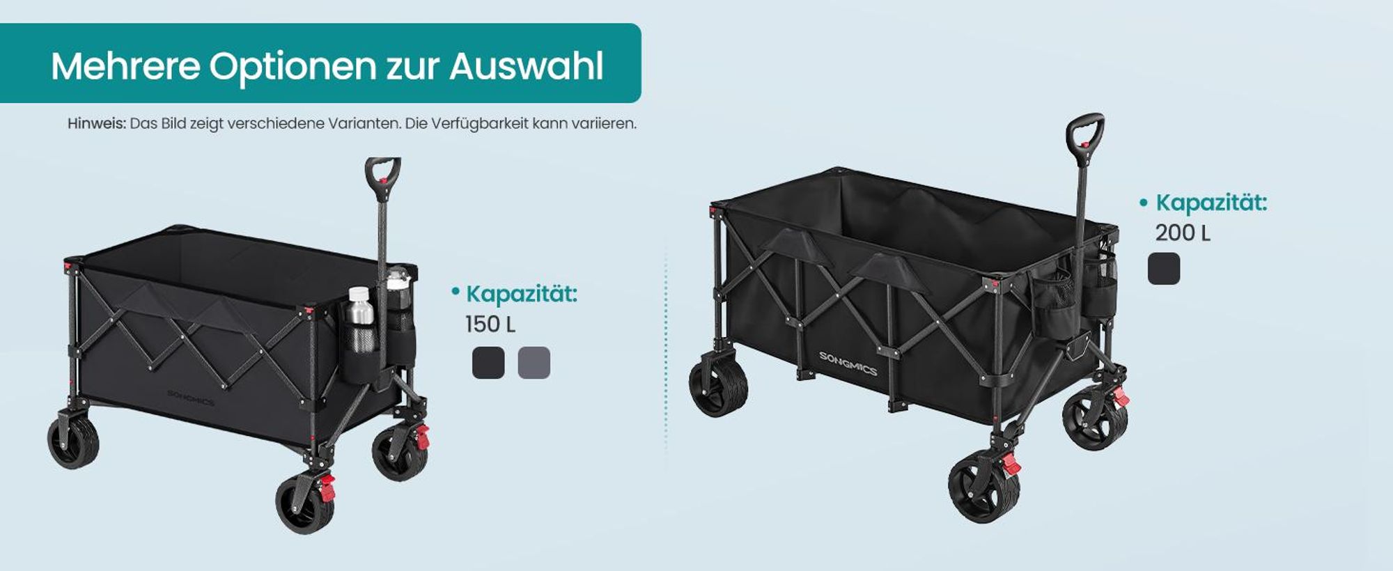 SONGMICS Faltbarer Handwagen mit Griff, Bollerwagen, 4 abnehmbare Rollen, 200 L, bis 150 kg, Outdoor, Garten, schwarz