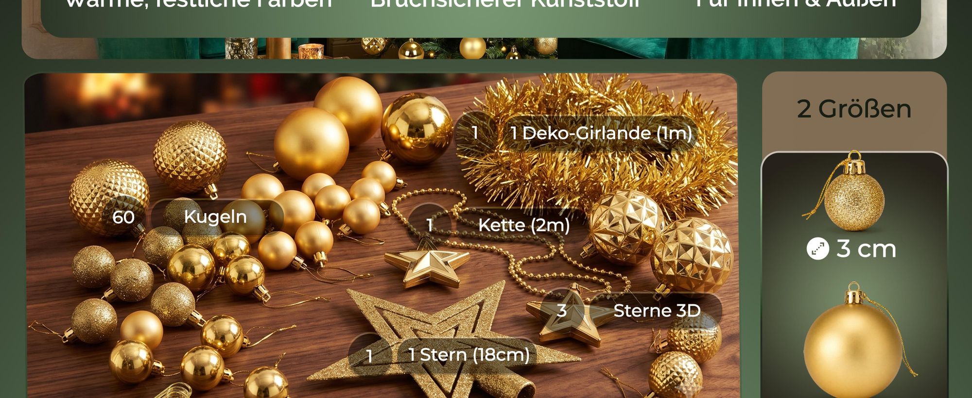 DEUBA® Weihnachtskugeln 66tlg Baumschmuck-Set mit Sternen Kunststoff Gold