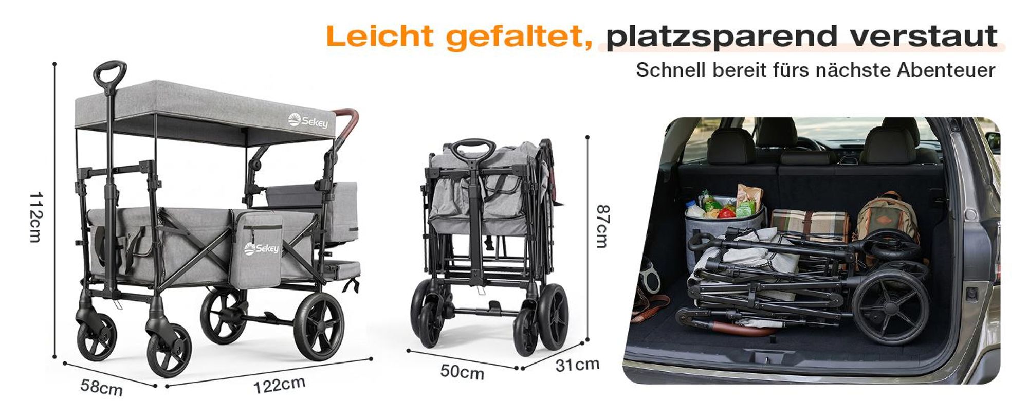 Sekey Bollerwagen Faltbar mit Dach Kinder Bollerwagen mit XXL-Rädern (24/20 cm), mit Zieh-/Schiebegriff, mit schwarz-weißer Paspelierung, Grau