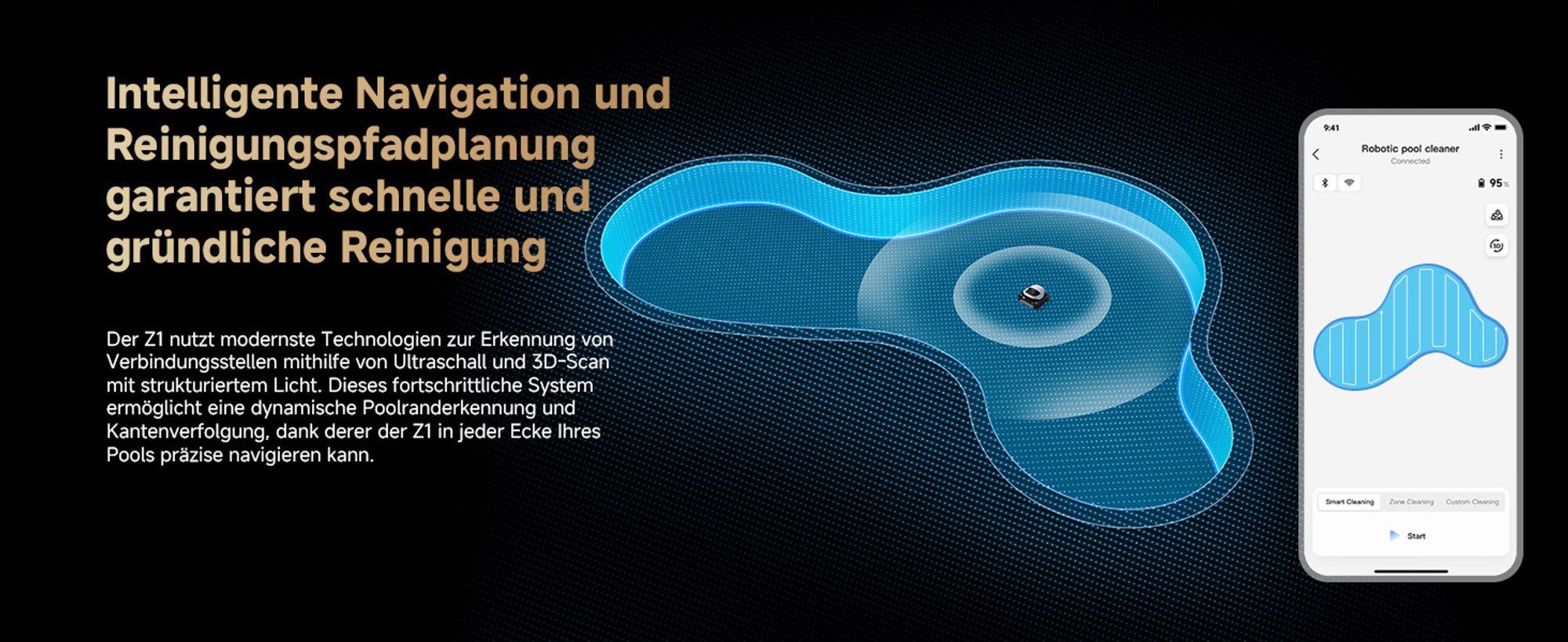 DREAME Poolroboter Z1, Hightech-Poolerkennung & Pfadplanung, hohe Saugleistung, Poolboden, Wand- & Wasserstandslinienreinigung, für Pools bis 180 ㎡