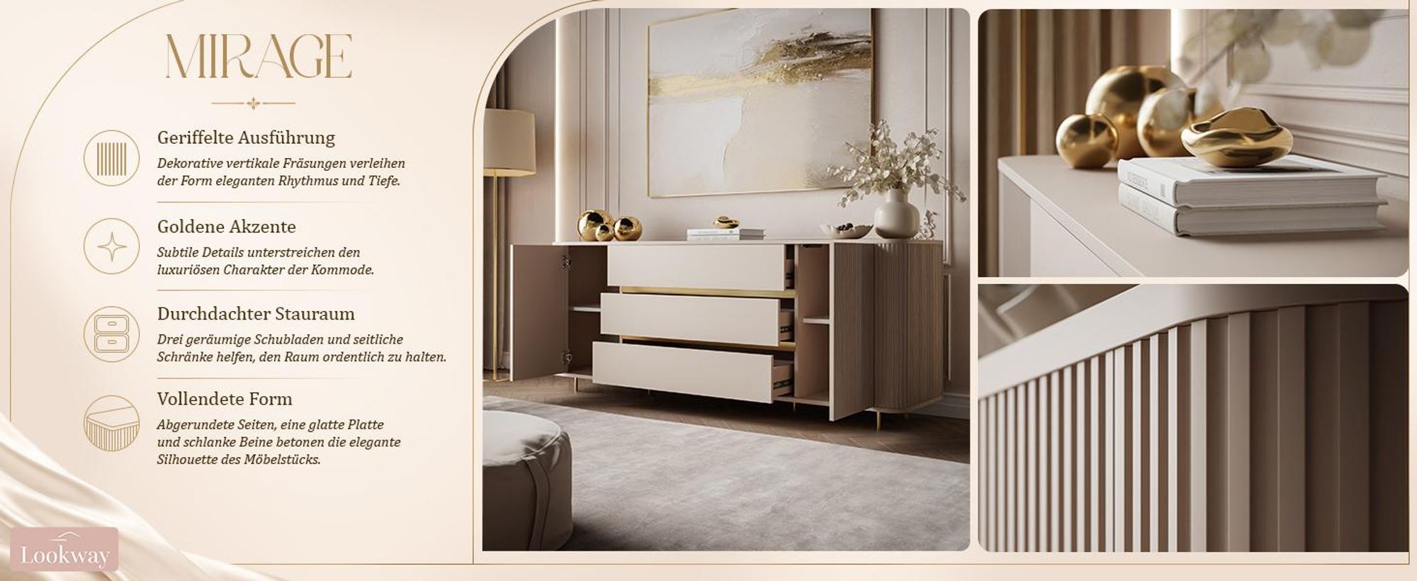 Kommode MIRAGE GOLD, mit 3 Schubladen und 2 Türen