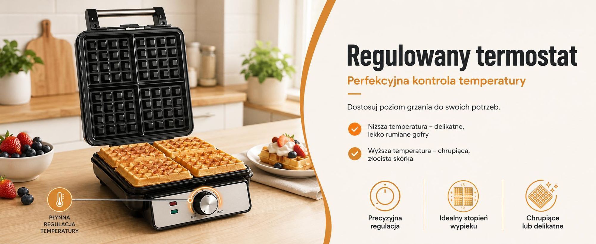 Gofrownica Kalorik 4 chrupiące gofry Regulowany termostat  1500 W