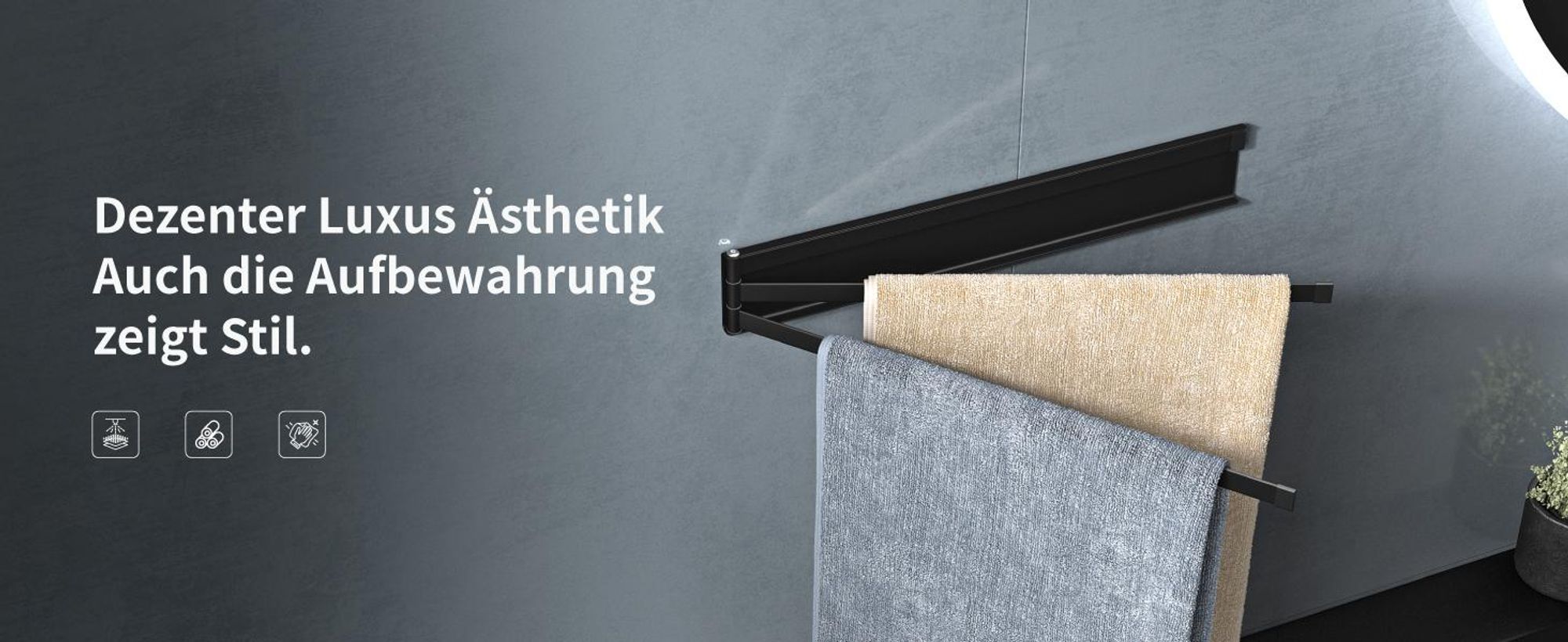 doporro Handtuchhalter ohne Bohren mit Magnet, 180° schwenkbar, 40cm selbstklebende Handtuchstange mit 3 Armen, Wandhalterung Matt Schwarz Folda-02