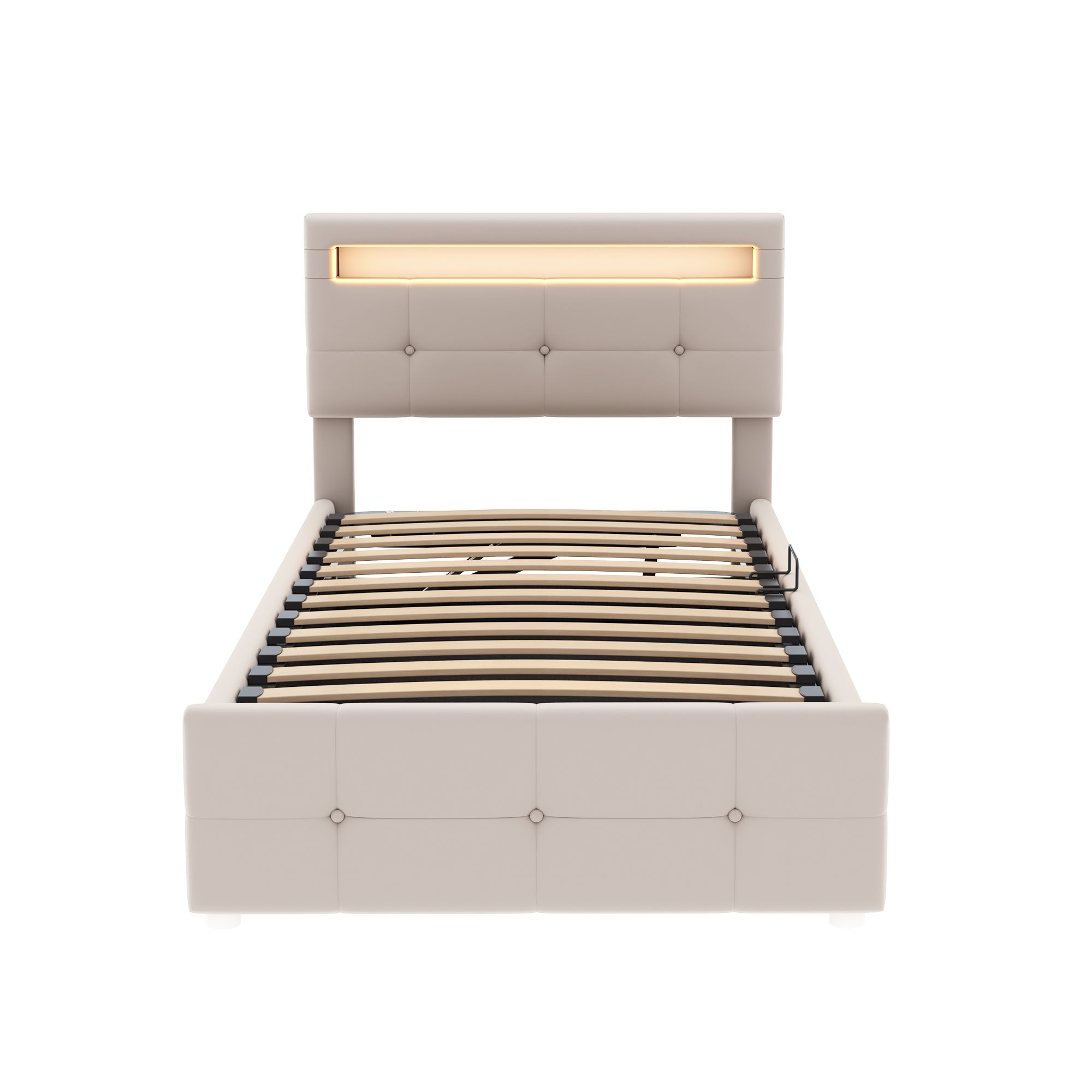 Flieks Hydraulisches Polsterbett 90x200cm mit LED, Jugendbett Einzelbett mit Lattenrost, Stauraumbett Boxspringbett höhenverstellbarem Kopfteil, Samt