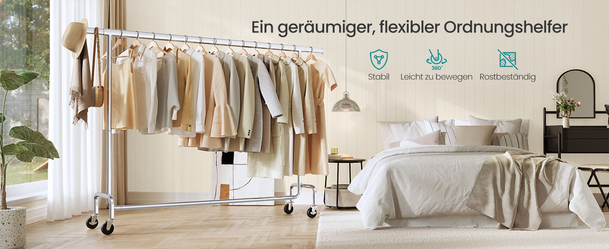 SONGMICS Kleiderständer auf Rollen, Garderobenständer, hochbelastbar, ausziehbare Kleiderstange, bis 110 kg belastbar, 45 x (160-200) x 162,9 cm