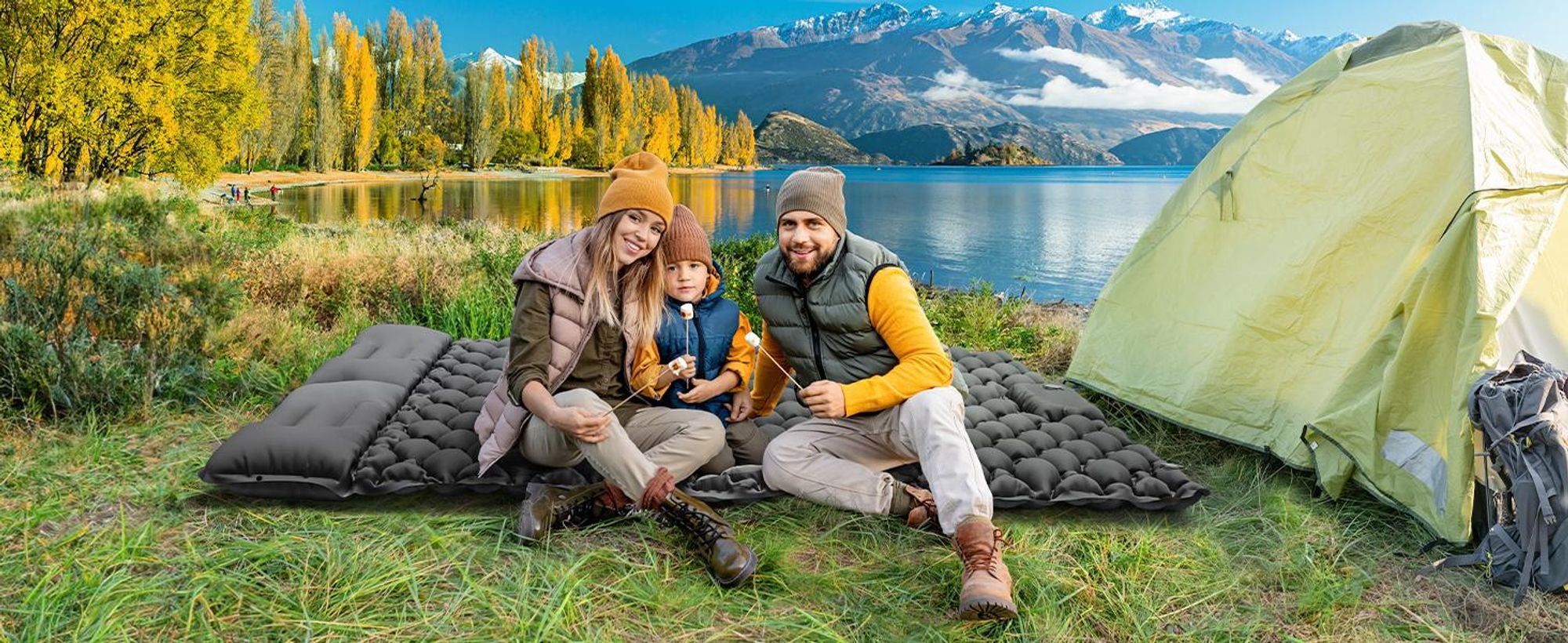 Isomatte Selbstaufblasend, Doppel-Camping-Isomatte, 2 Personen Camping Luftmatratze, mit Eingebaute Pumpe und Kissen, für Camping, Wandern, Reisen
