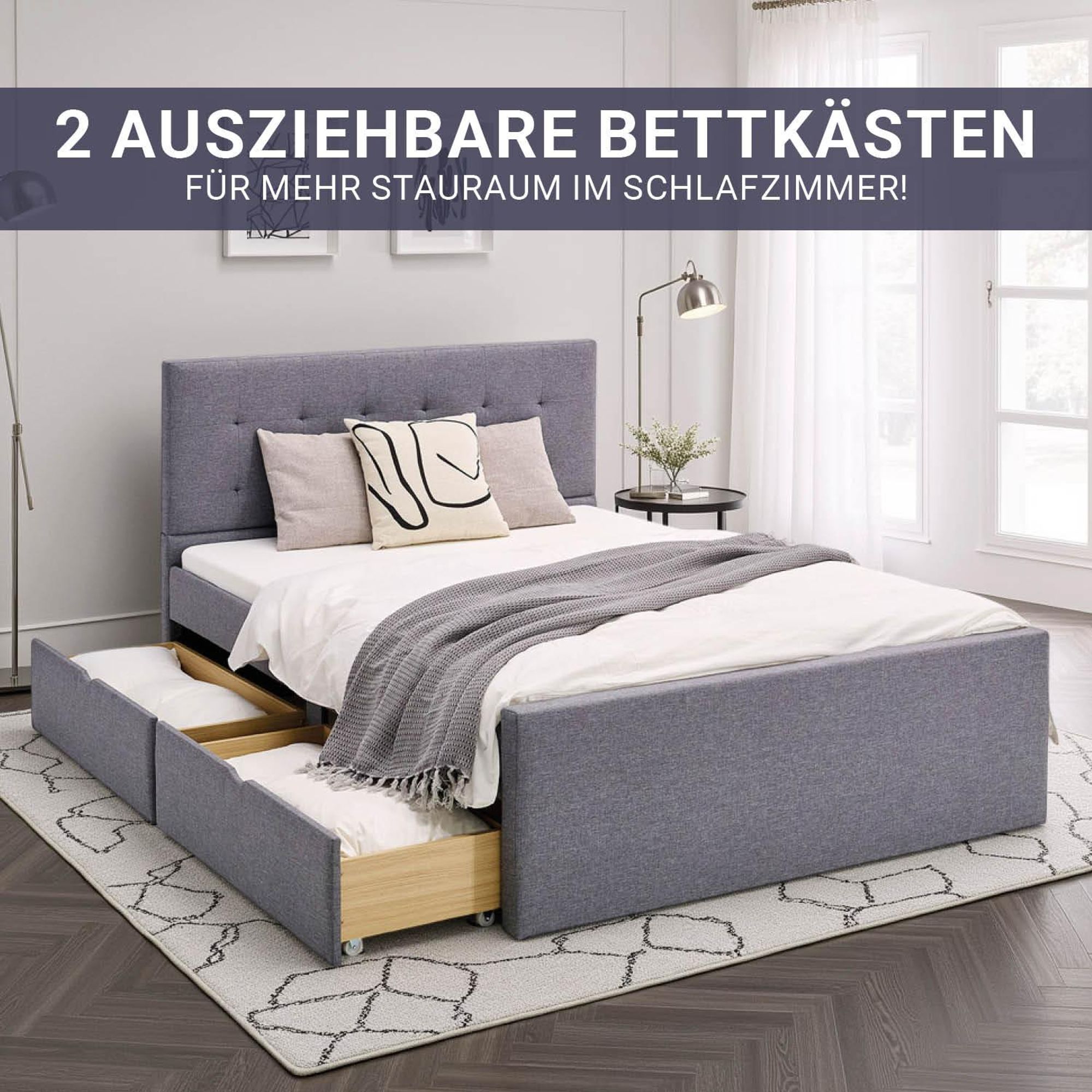 Das Polsterbett mit 2 praktischen Bettkästen unter dem Bett.