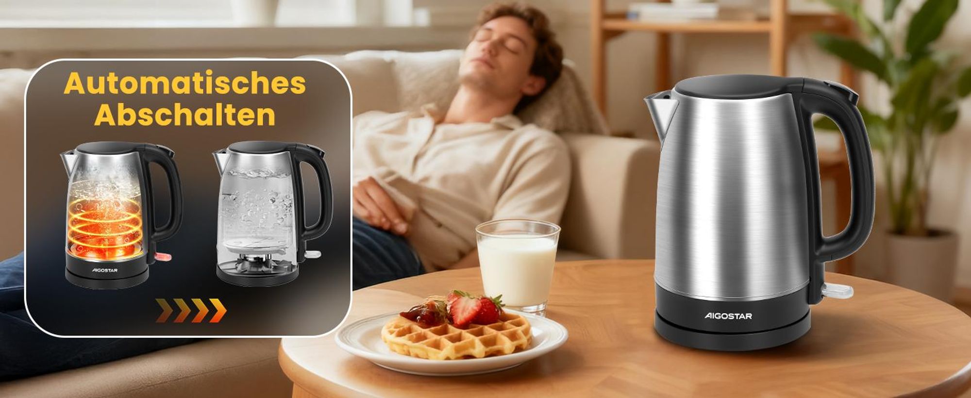 Aigostar 30LYF/300104LYF Schnurloser Wasserkocher, Edelstahlgehäuse, 1,7 l FÃ1/4llmenge, 2200 Watt, 360° Sockel, Trockengehschutz, Abschaltautomatik