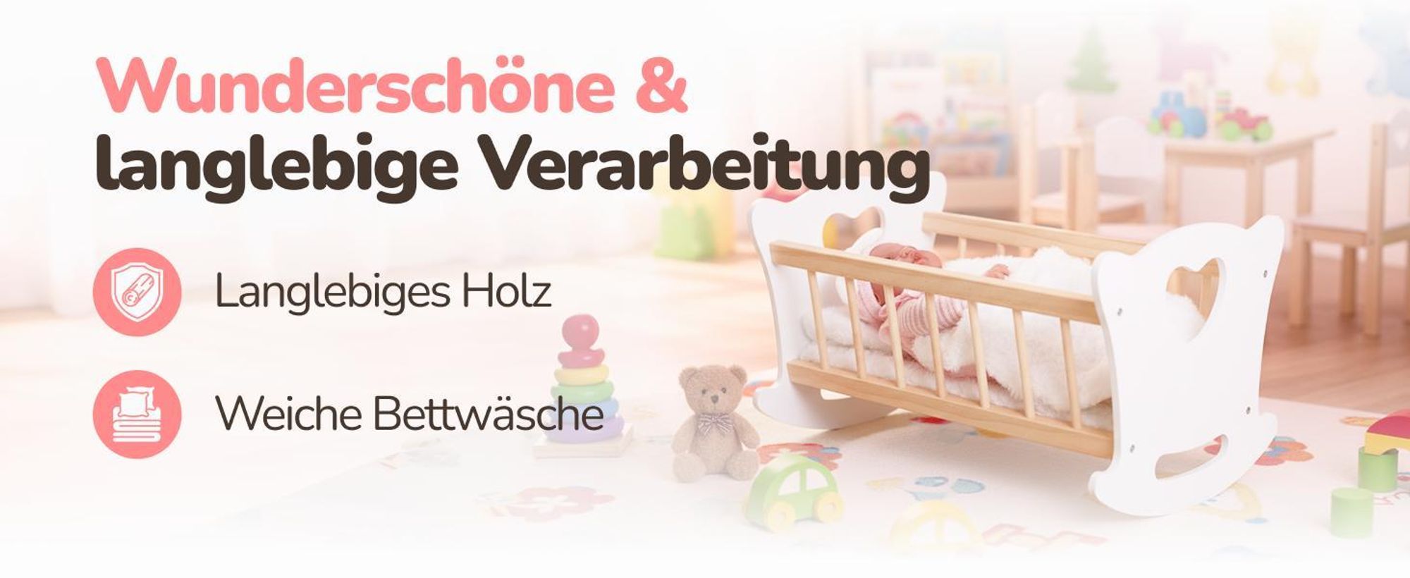 Kinderplay Holz-Puppenwiege GS2105 mit Bettwäsche – klassisches Puppenbett aus Holz für Kinder ab 3 Jahren – Green Series