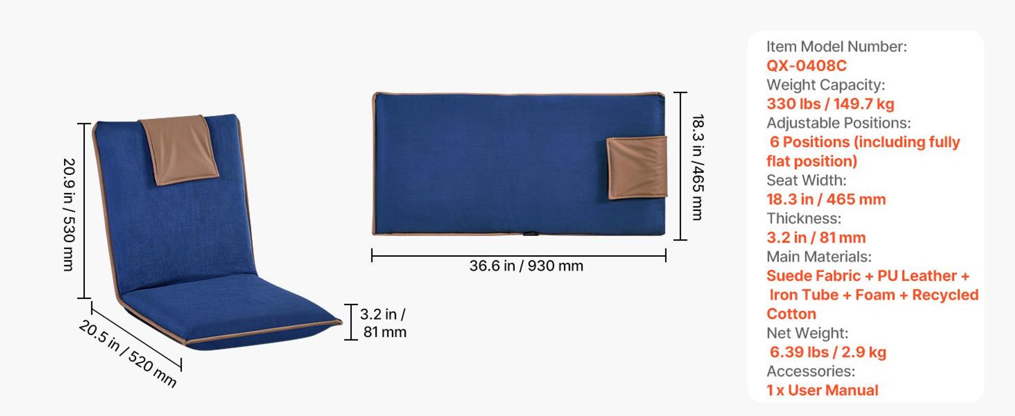 VEVOR Bodenstuhl, 6-Positionen Verstellbarer, Bodensessel mit Rückenlehne, Relaxsessel mit Metallgestell, Schaumstoff & Velourslederbezug, Bodensitz zum Lesen & Entspannen, Dunkelblau