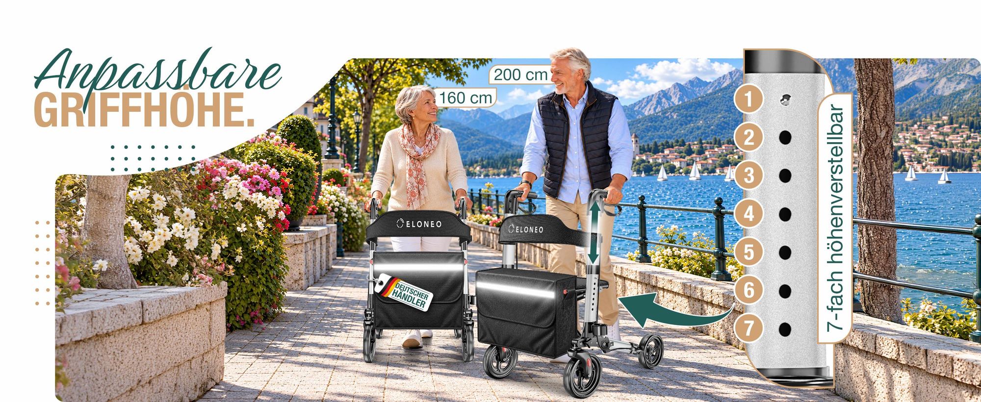 ELONEO Rollator faltbar und leicht mit Sitz, Leichtgewicht-Reiserollator aus Aluminium, Gehhilfe 8-fach höhenverstellbar, Laufhilfe 3-fach faltbar
