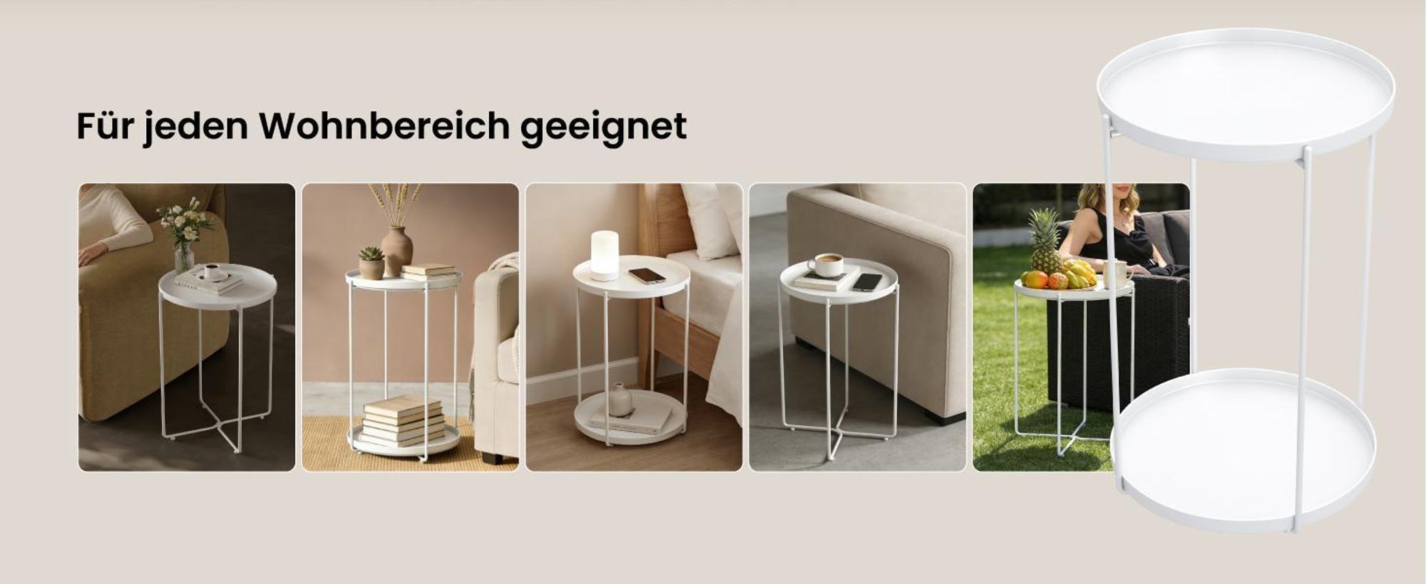 Mai & Mai Beistelltisch rund Ø35×H51 cm, Couchtisch klein mit 2 abnehmbaren Tabletts aus PP-Kunststoff, Weiß Reglo-08