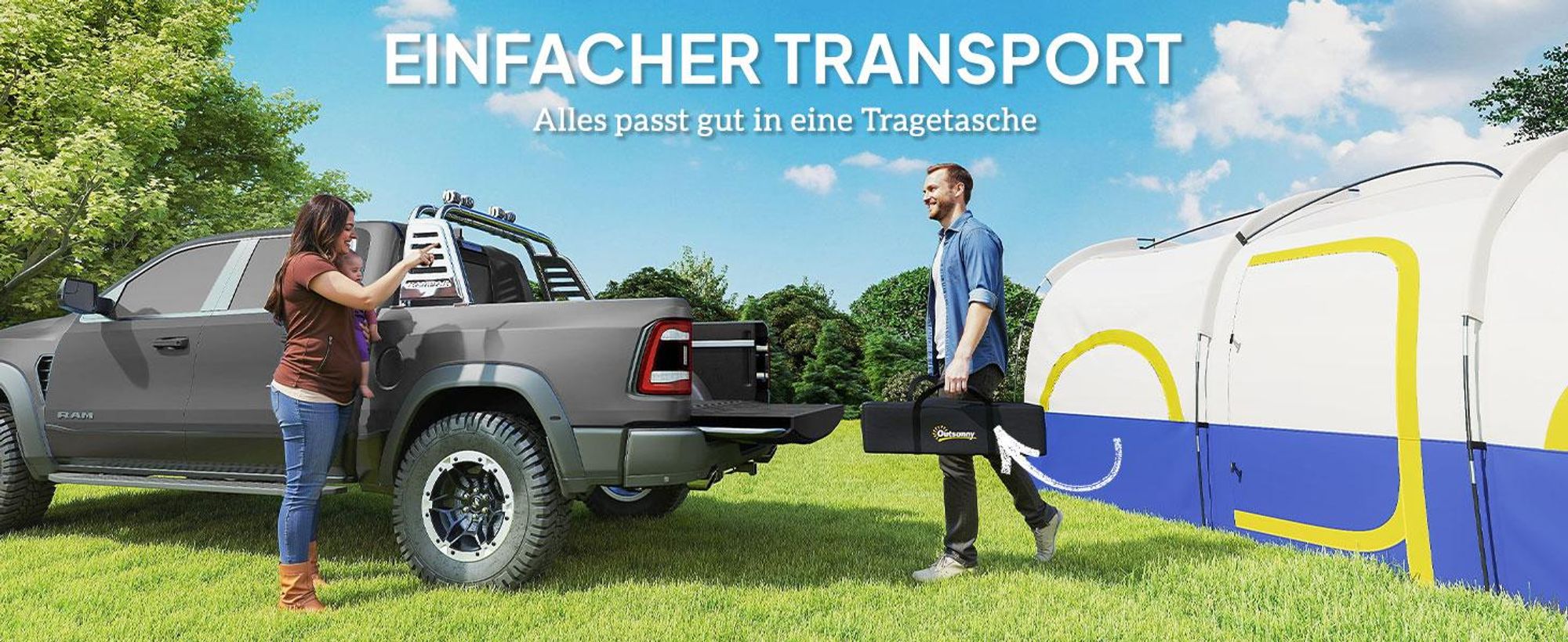 Outsunny Tunnelzelt Wetterfest Campingzelt für 4 Personen mit 3 Raum Meshfenster