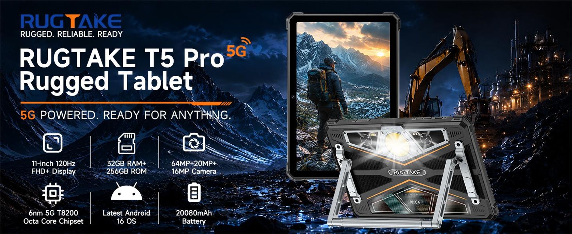 RUGTAKE T5 Pro 5G Outdoor Tablet Android 16 32GB+256GB 20080mAh, 11 Zoll 120Hz 2K IPS Tablet,64MP+20MP Nachtsichtkamera,Gemini AI/Widevine L1, Schwarz
