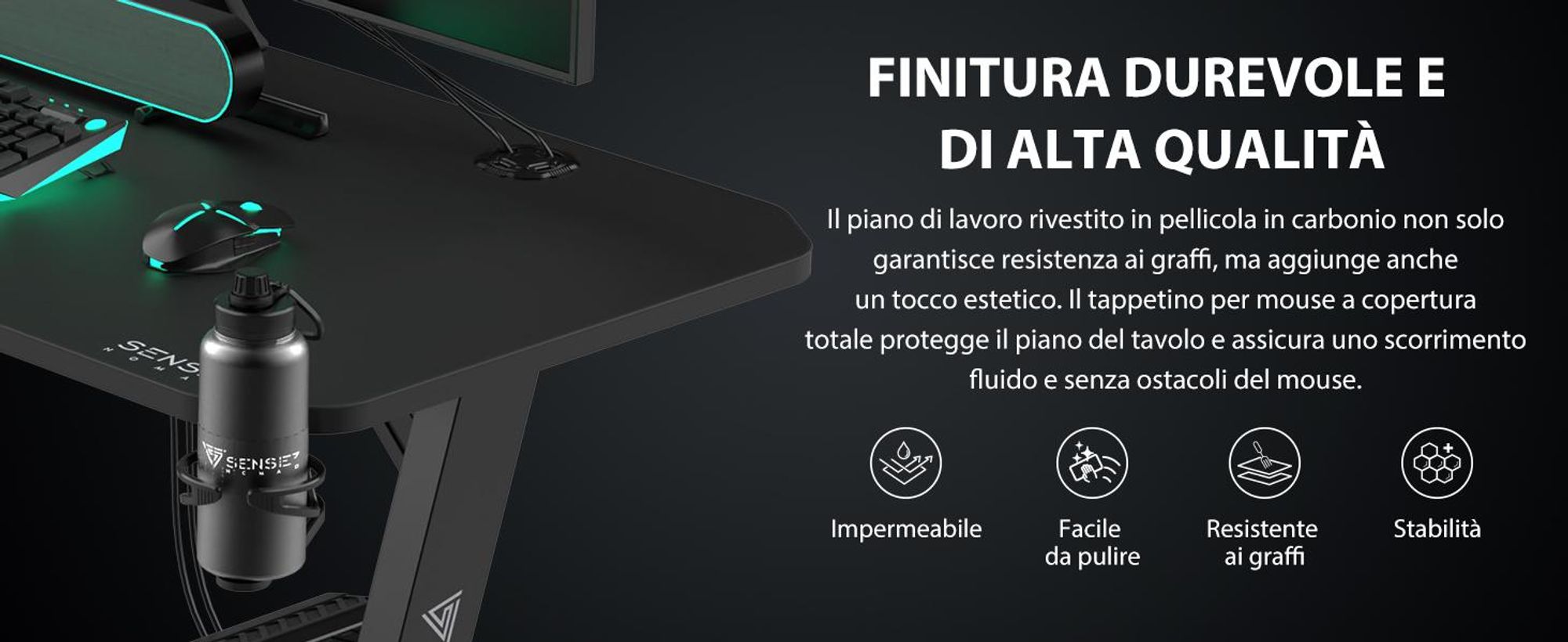 Tavolo da gaming SENSE7 Nomad Classic - Scrivania 120x60 cm con tappetino per mouse XXL - Tavolo per computer, tavolo per PC, scrivania da gaming, tavolo per giocatori - Gestione cavi - Nero