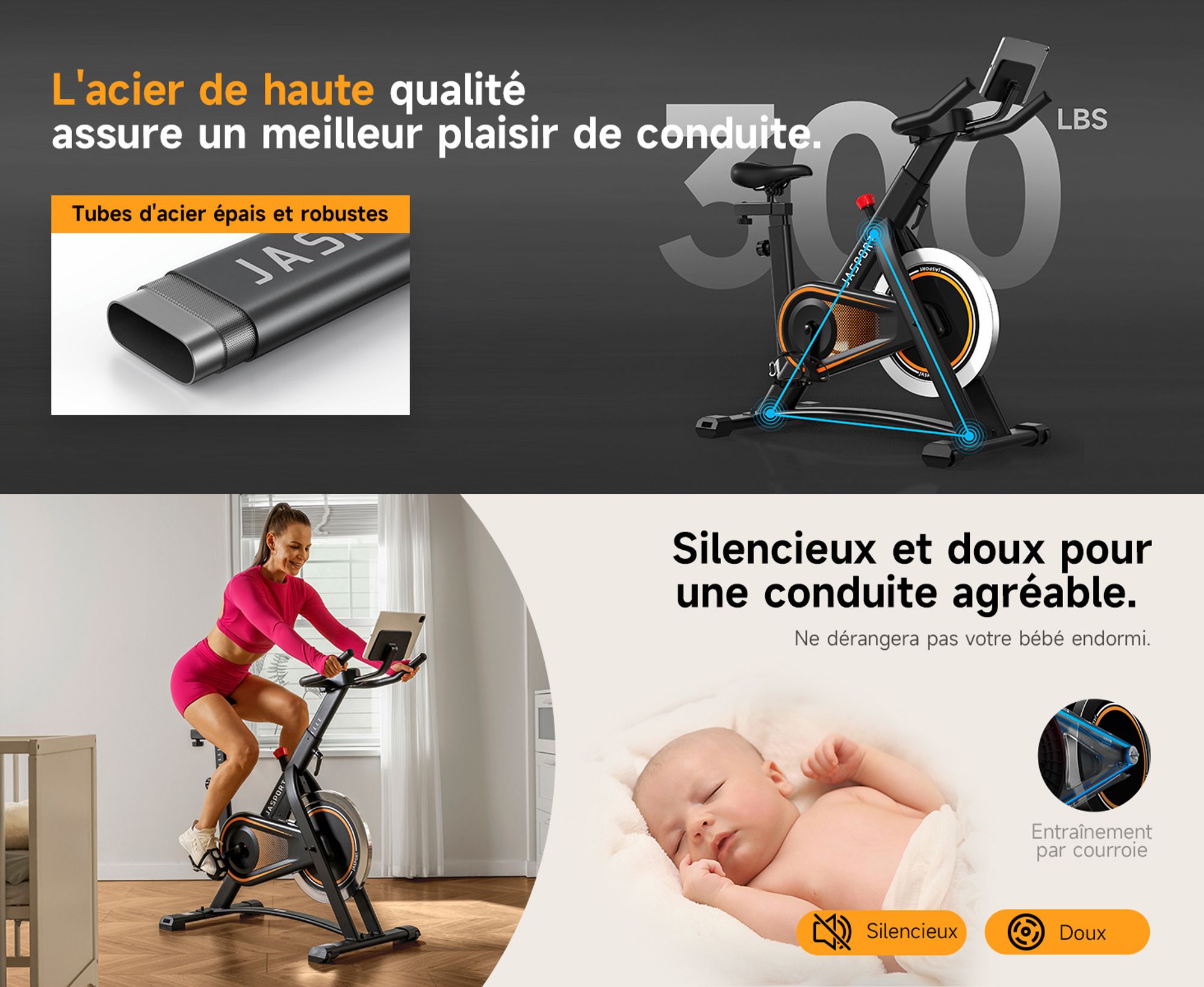 JASPORT A3 ergomètre – vélo d’appartement silencieux pour entraînement d’endurance, support tablette et assise confortable