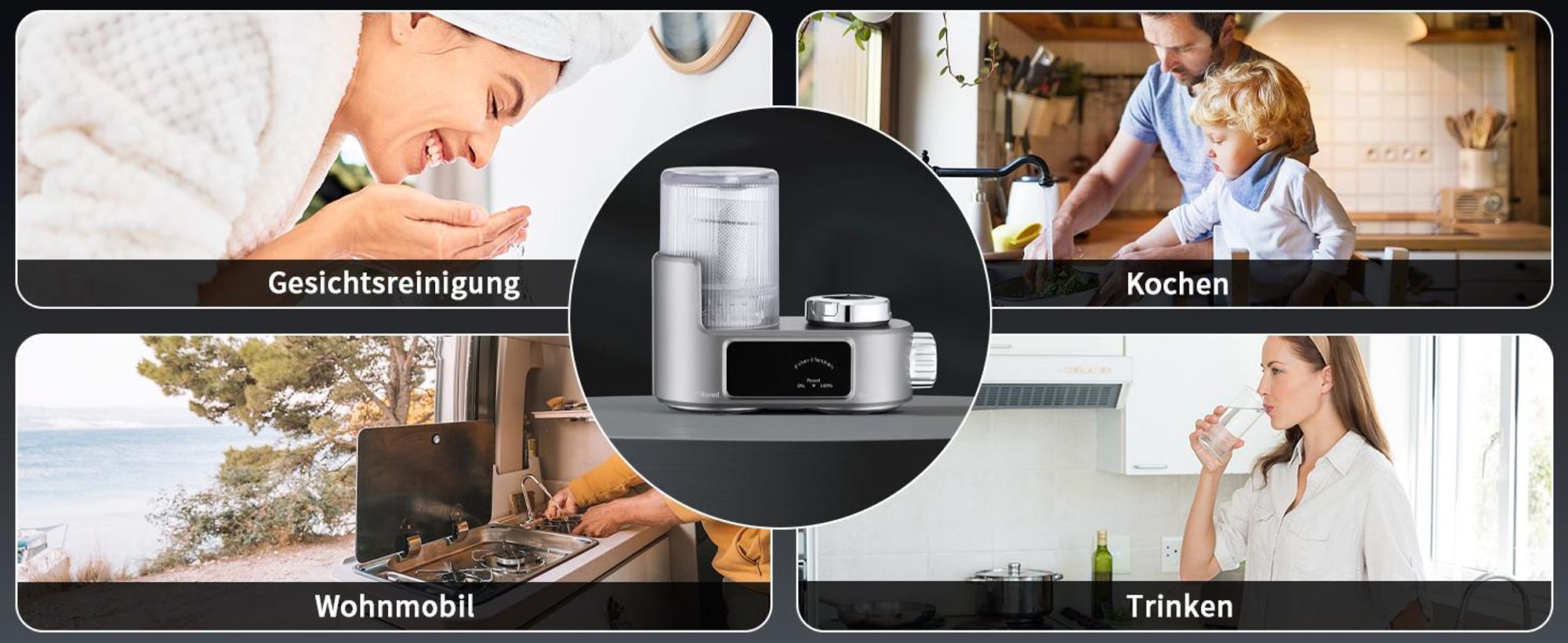 Homelody Wasserfilter für Wasserhahn mit Sterilisation, Wasserfilter für Zuhause Küche, entfernt Chlor, Schwermetalle,für Wasserhähne, Grau