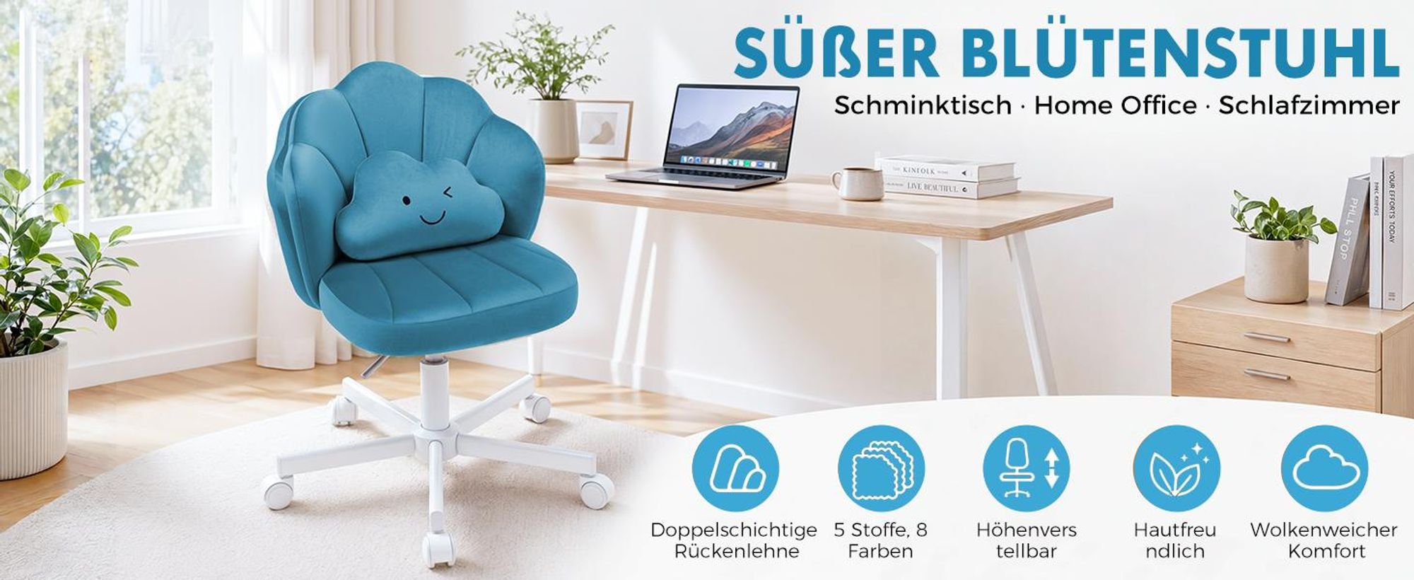 COMHOMA Schreibtischstuhl Schminkstuhl Bürostuhl mit Rollen Doppelter Rückenlehne und Wolkenkissen, Höhenverstellbarer Drehstuhl, Samt, Blau
