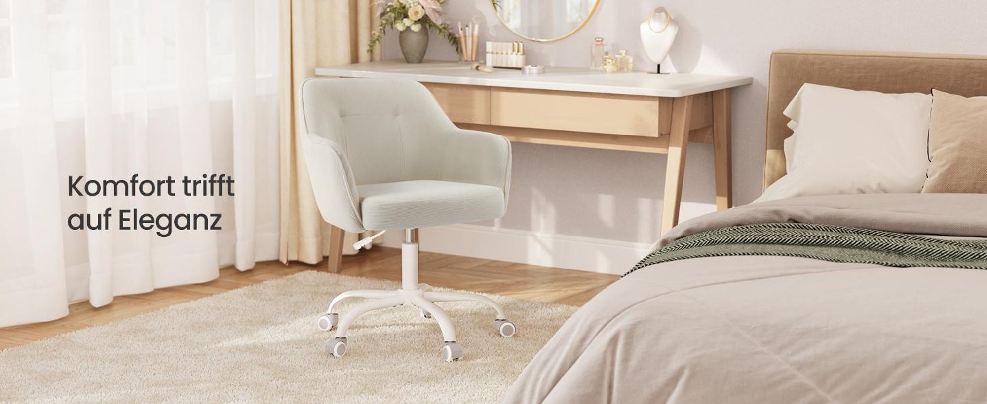 SONGMICS Schreibtischstuhl, höhenverstellbar, drehbar, Cord, für Arbeitszimmer, Schlafzimmer, beige