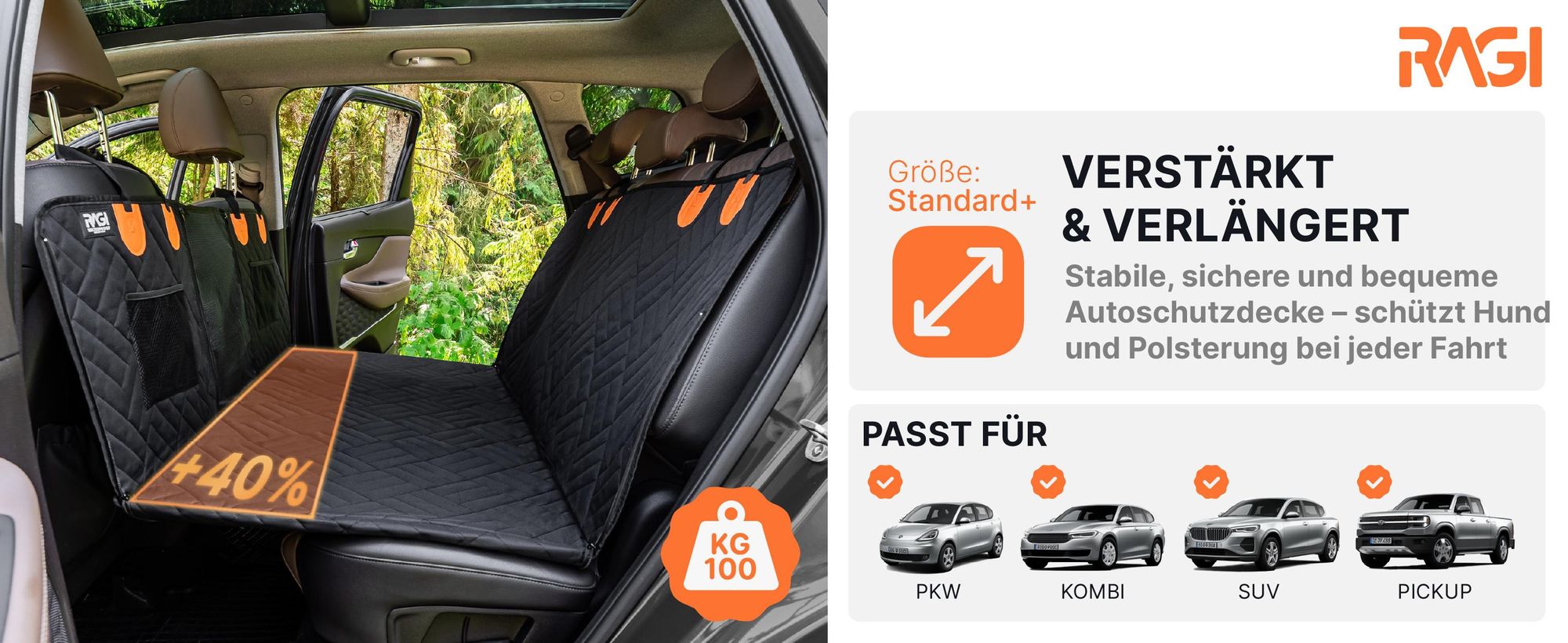 RAGI Hundedecke Auto Rücksitz 127×62 cm – Wasserdichte rutschfeste Autoschondecke mit verstärktem Boden, Seitenschutz und Sicherheitsgurt