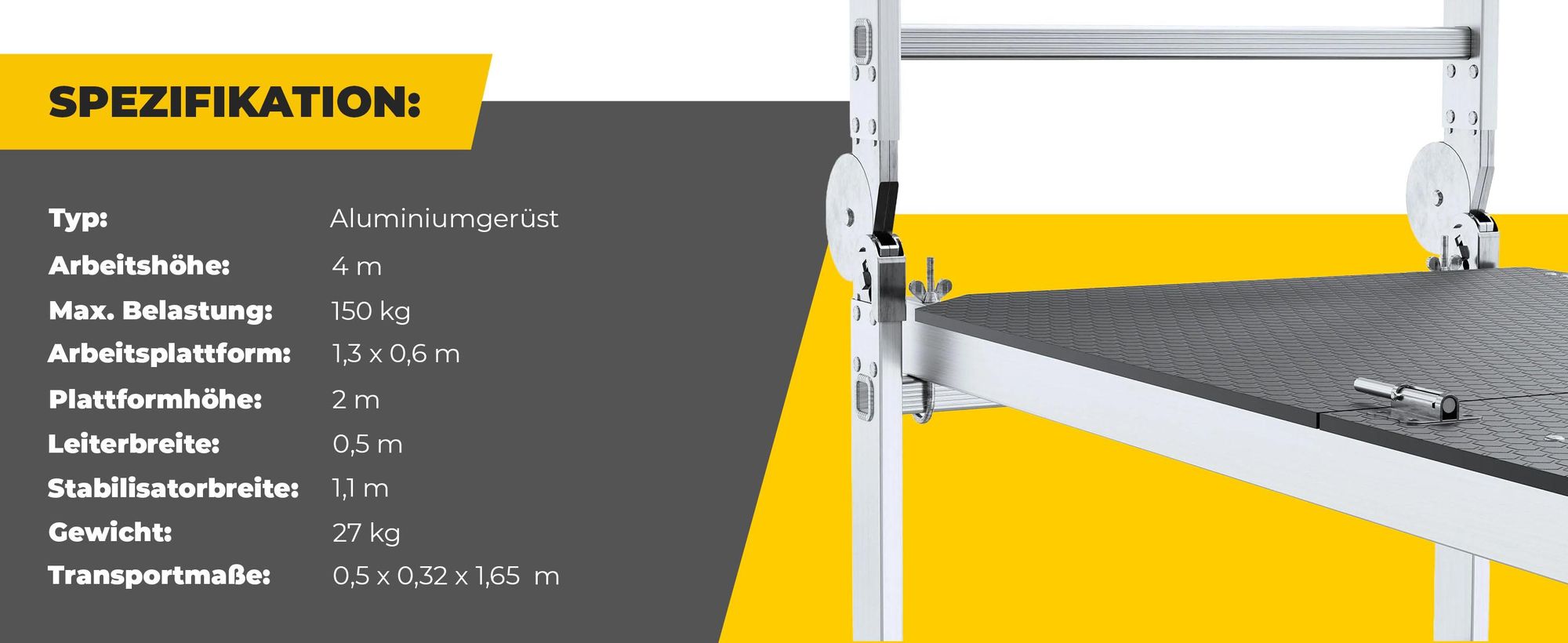 Drabest | Aluminiumgerüst - gerüst - Leitergerüst - leiter gerüst - bis zu 150kg - alu gerüst - arbeitsplattform - plattform alu gerüst