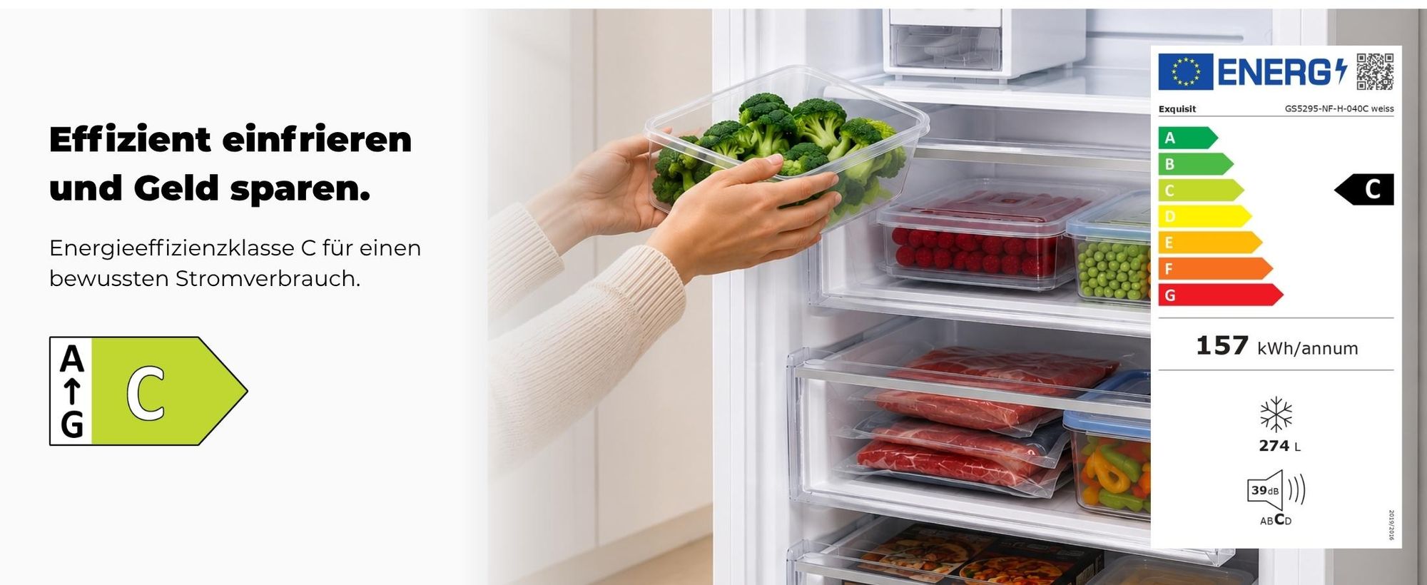 Exquisit Gefrierschrank 274 l No Frost | Energieklasse C | Schnellgefrieren | digitale Temperaturanzeige | leise 39 dB | GS5295-NF-H-040C weiss