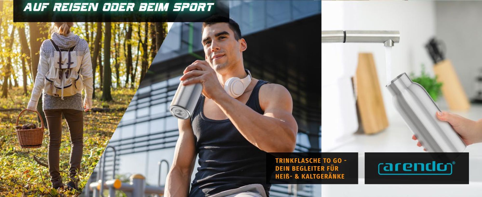 Arendo Edelstahl-Trinkflasche 500 ml, Vakuum-isoliert, 24h kalt & 12h warm, kohlensäurefest, BPA-frei, auslaufsicher, spülmaschinengeeignet, mit Griff