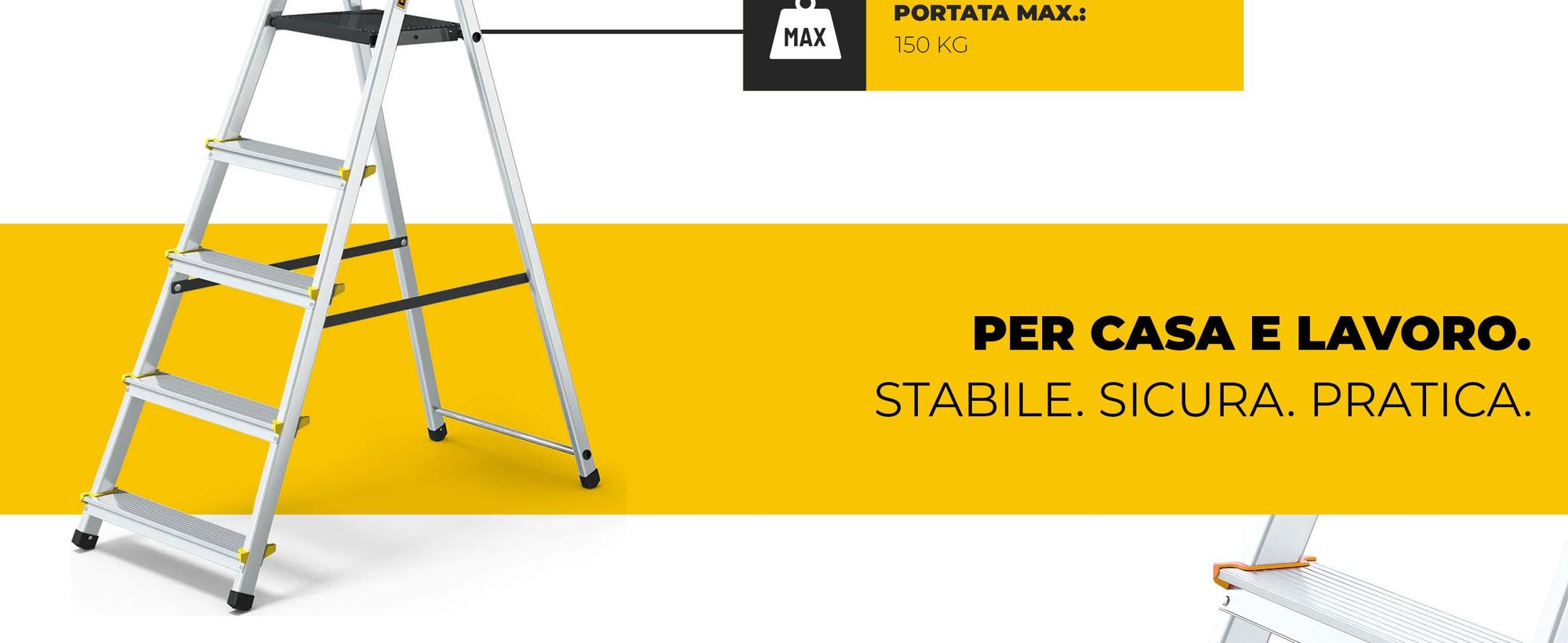 Drabest | Scala pieghevole - 5 gradini, portata 150kg - Scala in alluminio, scala a gradini, piedini antiscivolo, scaletta