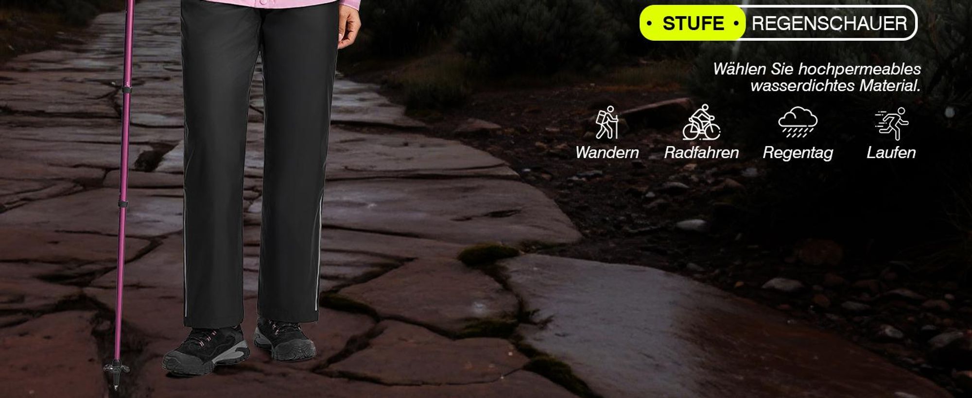 BUBW – Damen Outdoor Regenhose – wasserdicht & winddicht – leicht & packbar – mit reflektierenden Streifen – zum Wandern, Radfahren & Angeln