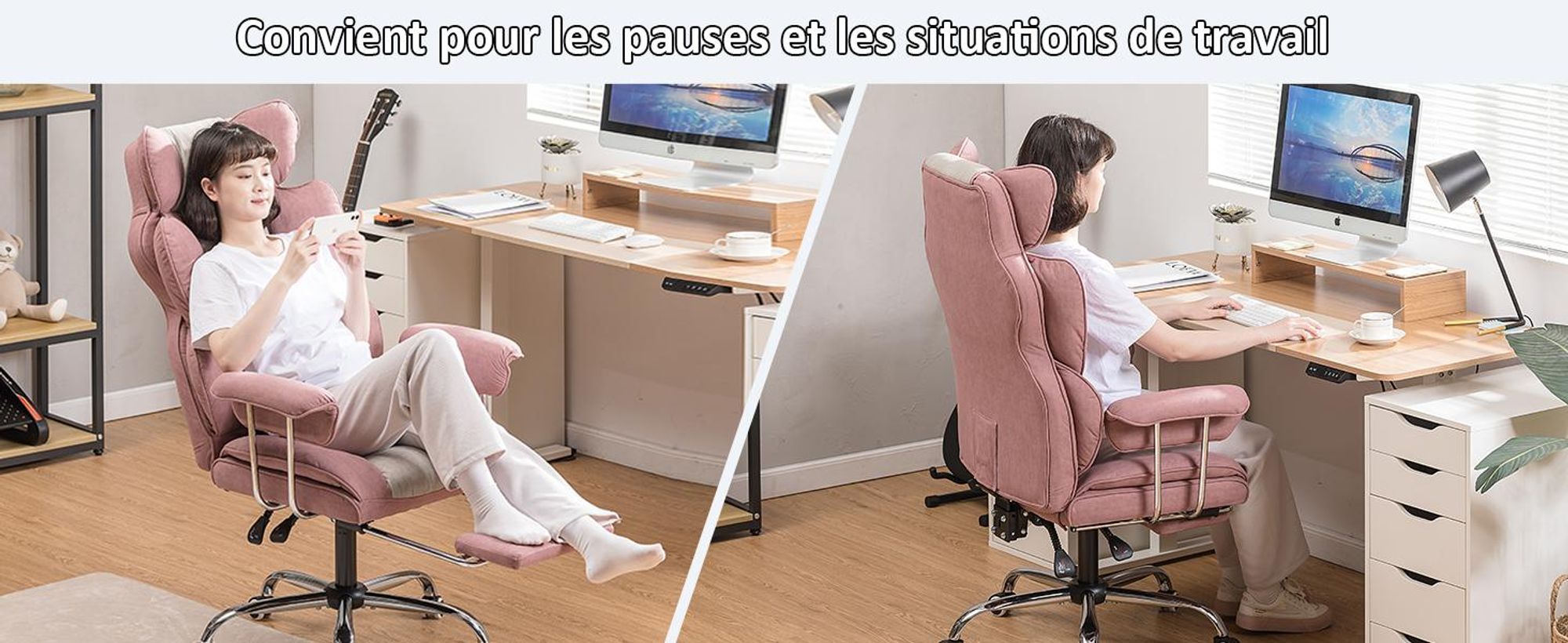 COMHOMA Chaise de bureau Gaming, chaise gamer, chaise de bureau ergonomique surface tissu avec repose-pieds, réglable en hauteur, chaise de bureau, fauteuil de direction, tissu rose