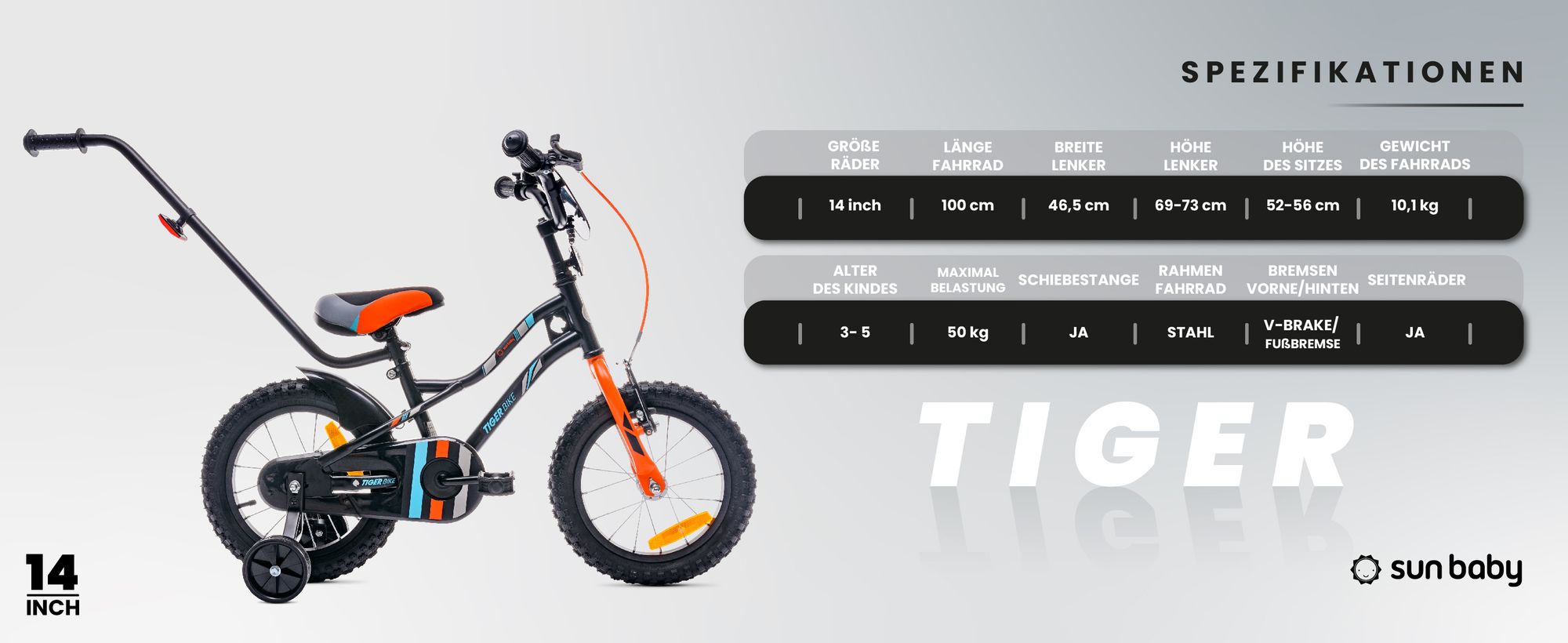 Sun Baby Tiger Bike Kinderfahrrad Jungen Fahrrad Stützräder 12 14 16 Zoll ab 2-6 Jahre BMX Kinder Fahhrad (14 Zoll, Orange)