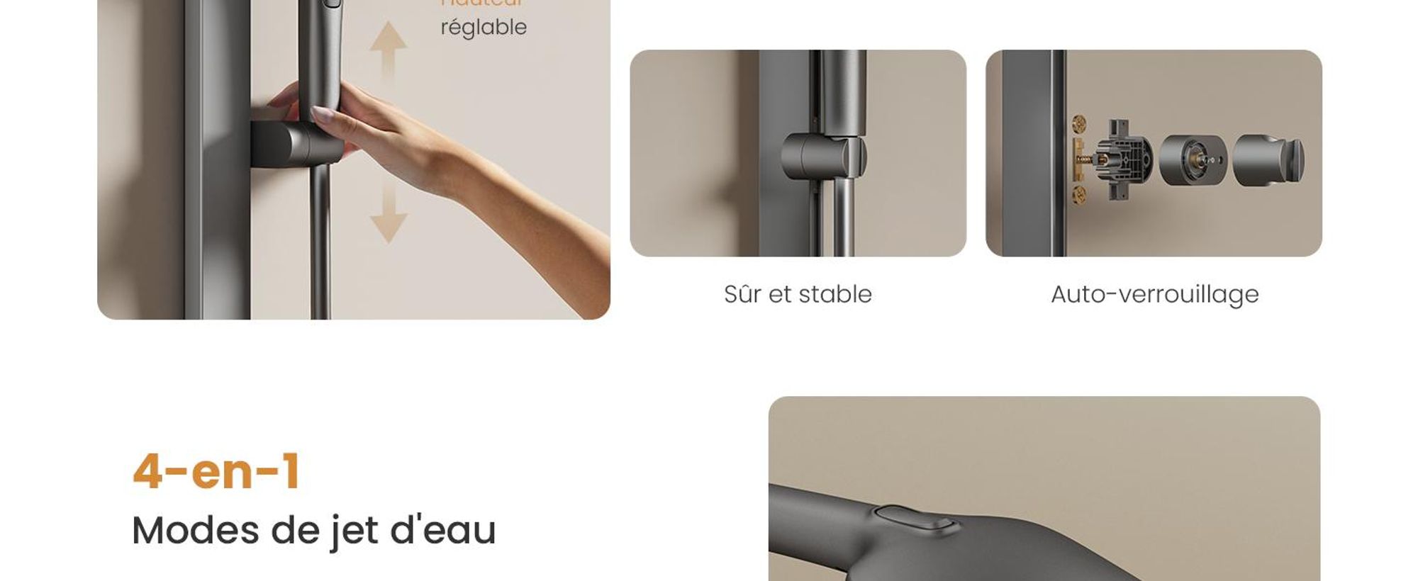 Système de douche EMKE avec thermostat, anthracite mat - Débit d'eau réglable, douche de pluie 36x24 cm, douchette à main avec 4 jets
