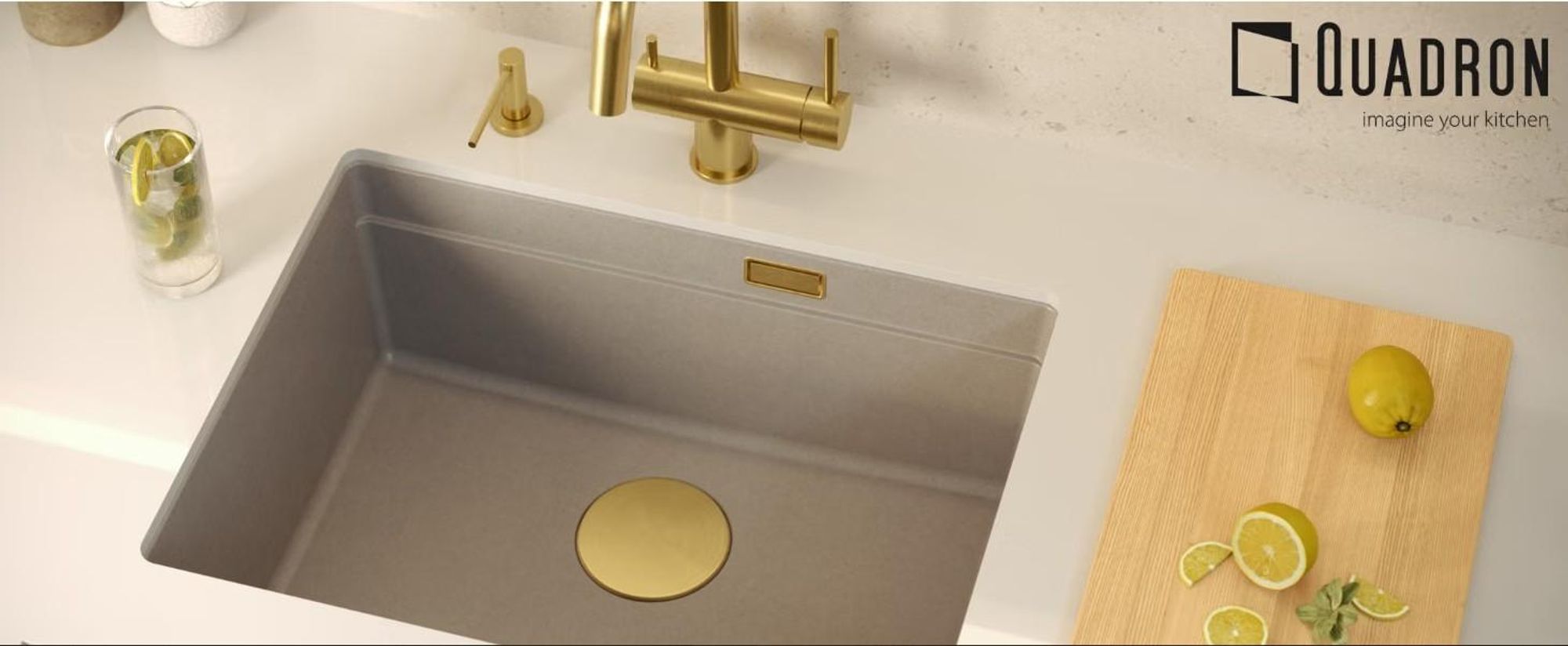 QUADRON Spülbecken 1-Becken Spüle | Größe: 59,5 x 45,1 x 21,5 cm | LOGAN 100 | Küchenspüle Granitspüle aus GraniteQ mit Siphon | Beige + Gold