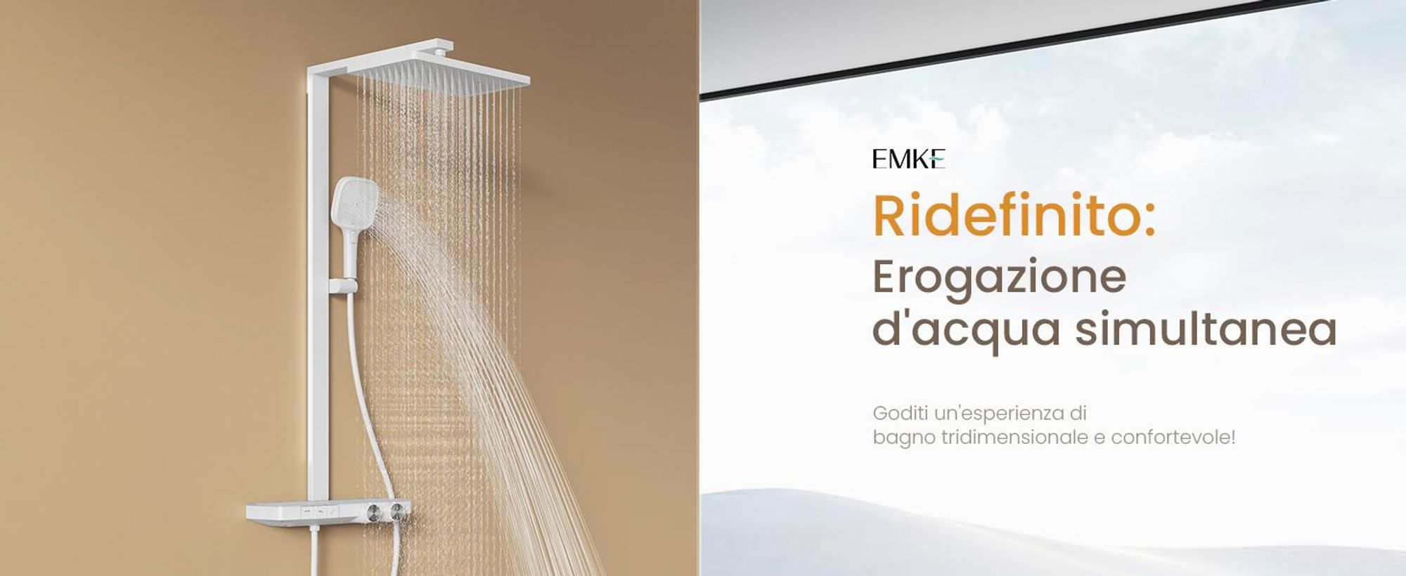 Sistema doccia EMKE con termostato Colonna doccia dal design pluripremiato, bianco 360×240 mm, doccia a pioggia angolare, regolatore del flusso d'acqua, bocca da bagno F29