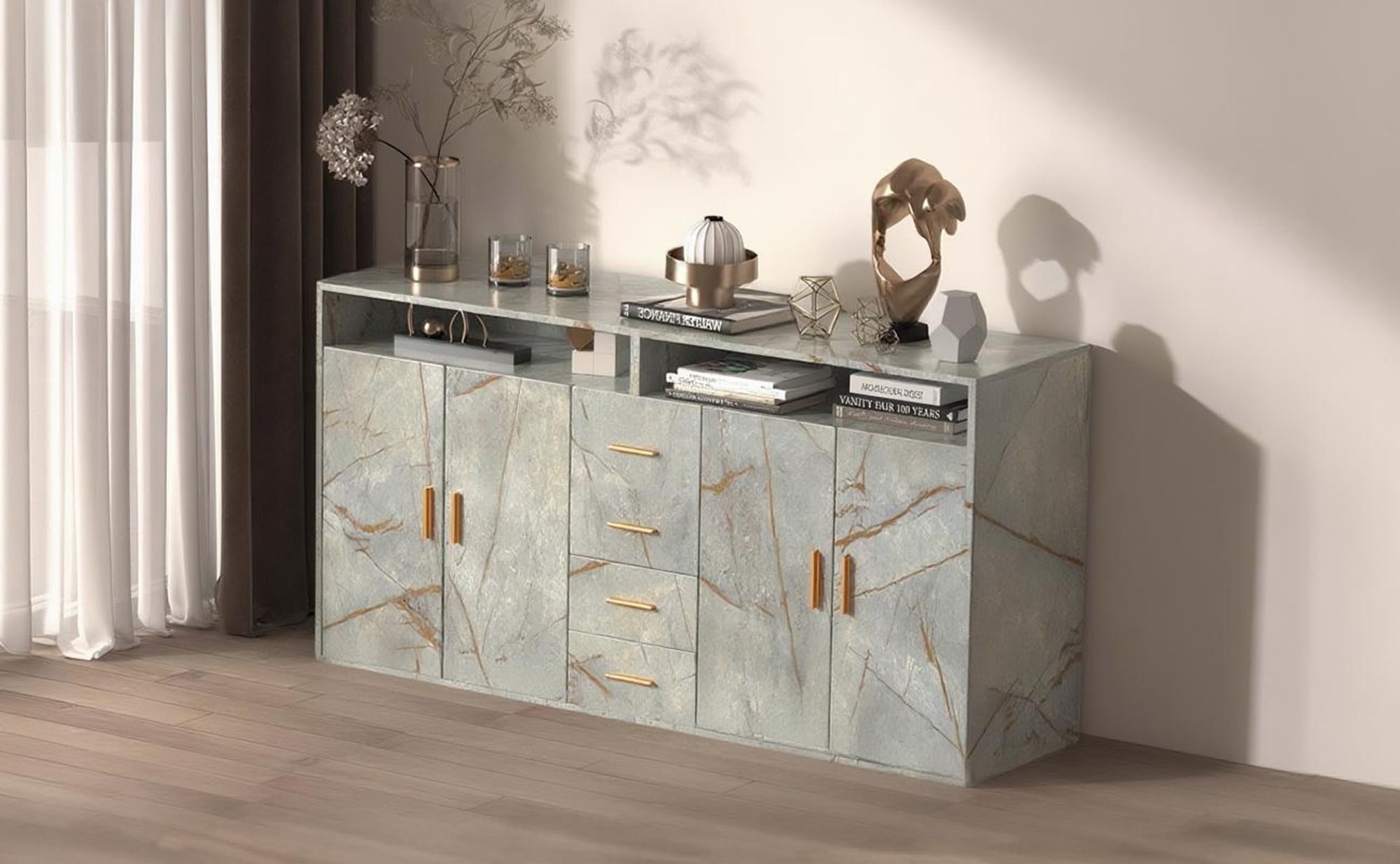 HOMAVO BG1-L Sideboard – Modernes Design für Wohnzimmer, Flur oder Esszimmer, 4 Schubladen, 2 Türen, 2 offene Fächer, pflegeleichte Melaminoberfläche