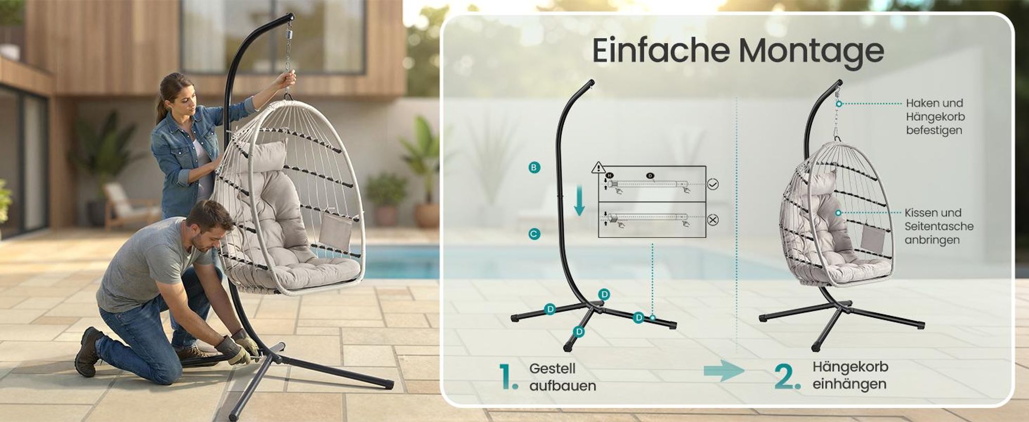 SONGMICS Schaukelstuhl mit Gestell, klappbarer Korbsessel höhenverstellbar, Hängeschaukel für Garten Balkon, Kissen, weiß