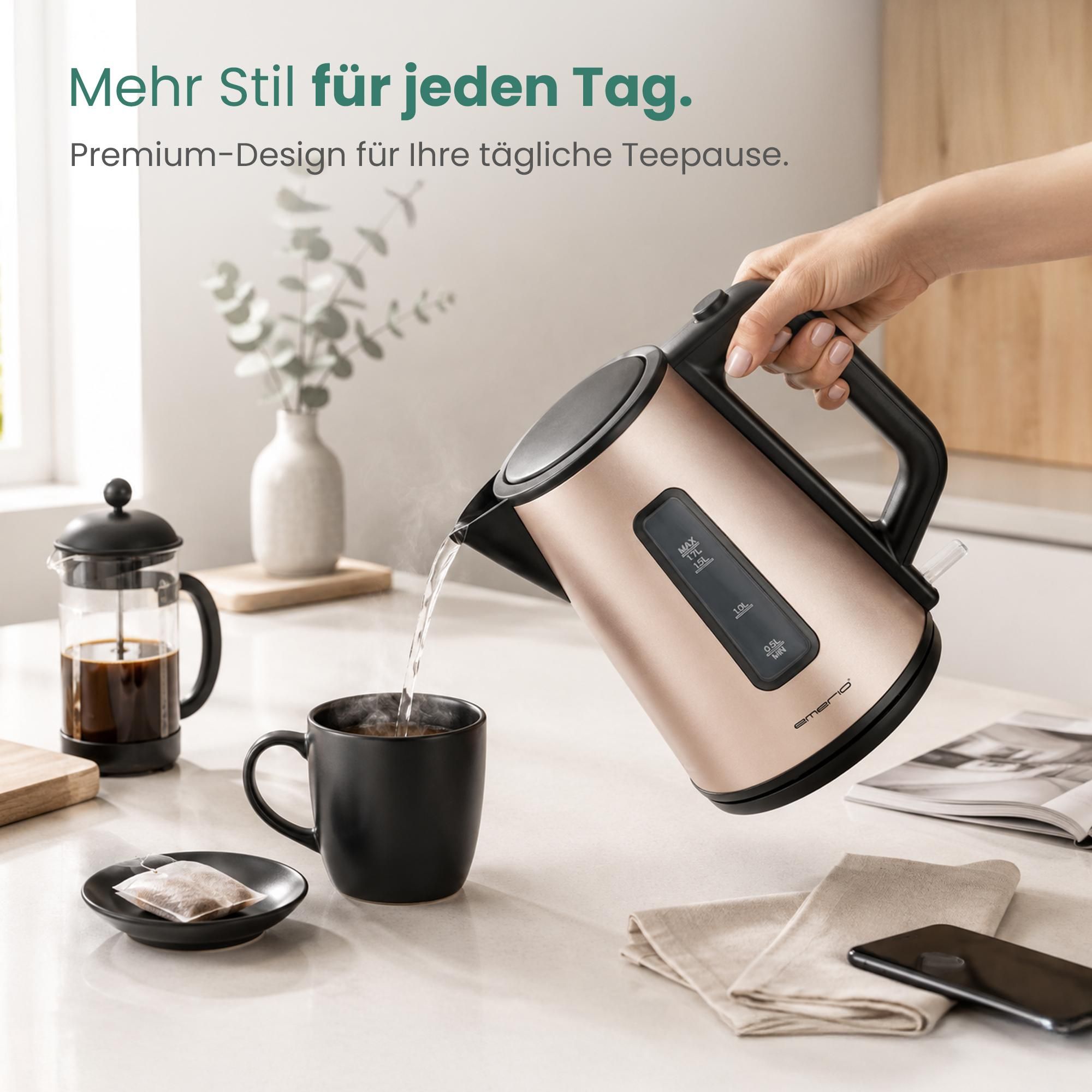 Emerio Wasserkocher 1,7 L – 2200 W – Cool Touch – Automatische Abschaltung – Edelstahl/Schwarz – WK-122829