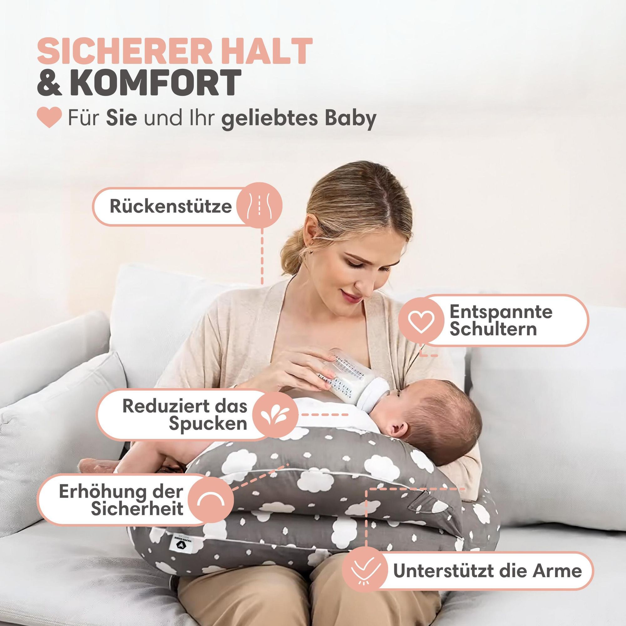 Vulpes Goods Stillkissen 3-in-1 | U-förmiges Schwangerschaftskissen für Babyunterstützung | Lagerungskissen Baby für Stillen | 60 x 72 x 16 cm