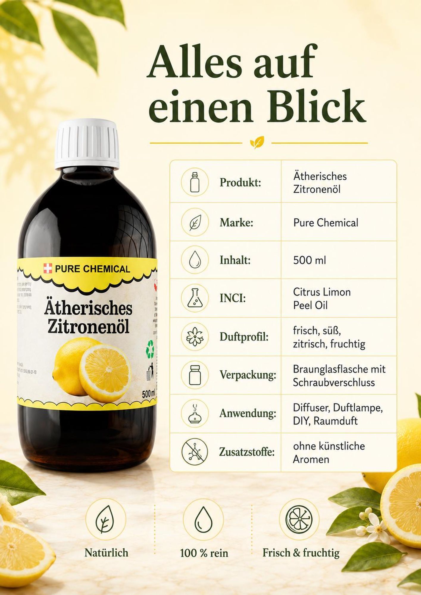Zitronenöl 500 ml, 100% natürliches ätherisches Öl, Citrus Limon Peel Oil, für Diffuser, Aromatherapie & DIY-Kosmetik | Pure Chemical™