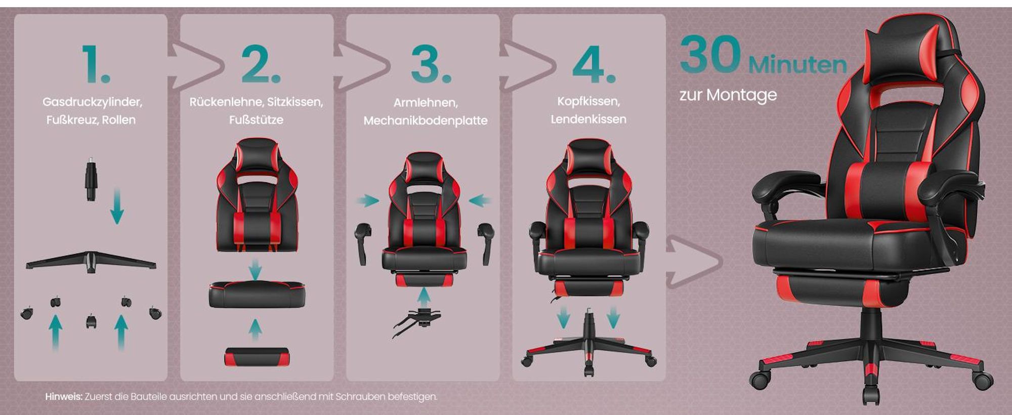 SONGMICS Schreibtischstuhl, ausziehbare Fußstütze, tintenschwarz-erdbeerrot