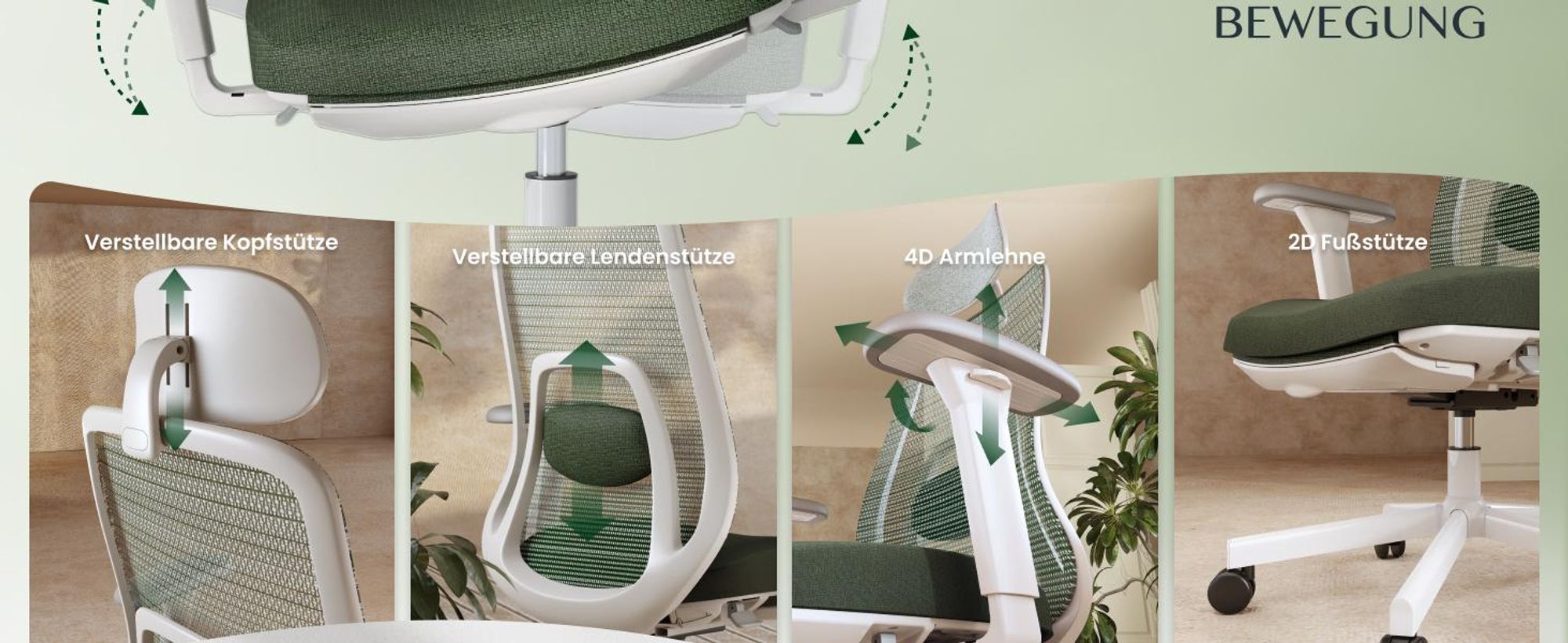 FLEXISPOT Balanso Ergonomischer Bürostuhl mit Dynamic Balance Mechanik und Fußstütze, 3D Armlehnen, adaptiver Lendenstütze, Farbverlauf Grün