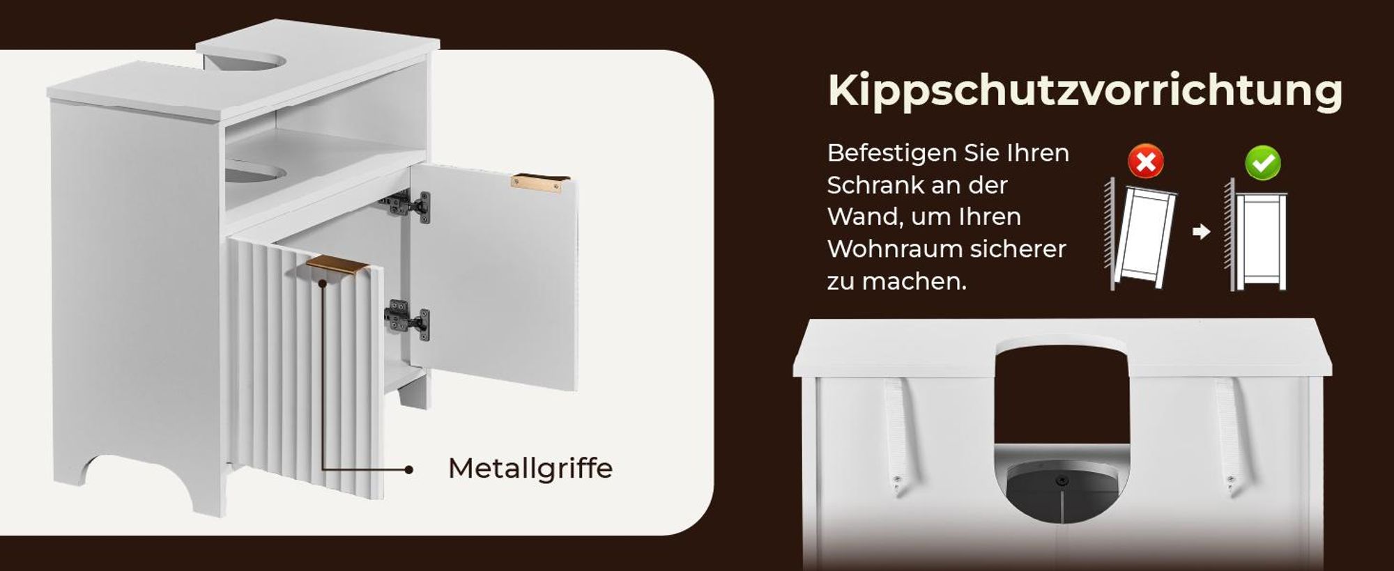 FCH Waschbeckenunterschrank mit 2 Türen und offenen Fächern, Badezimmerschrank, 30 x 60 x 60cm, Weiß