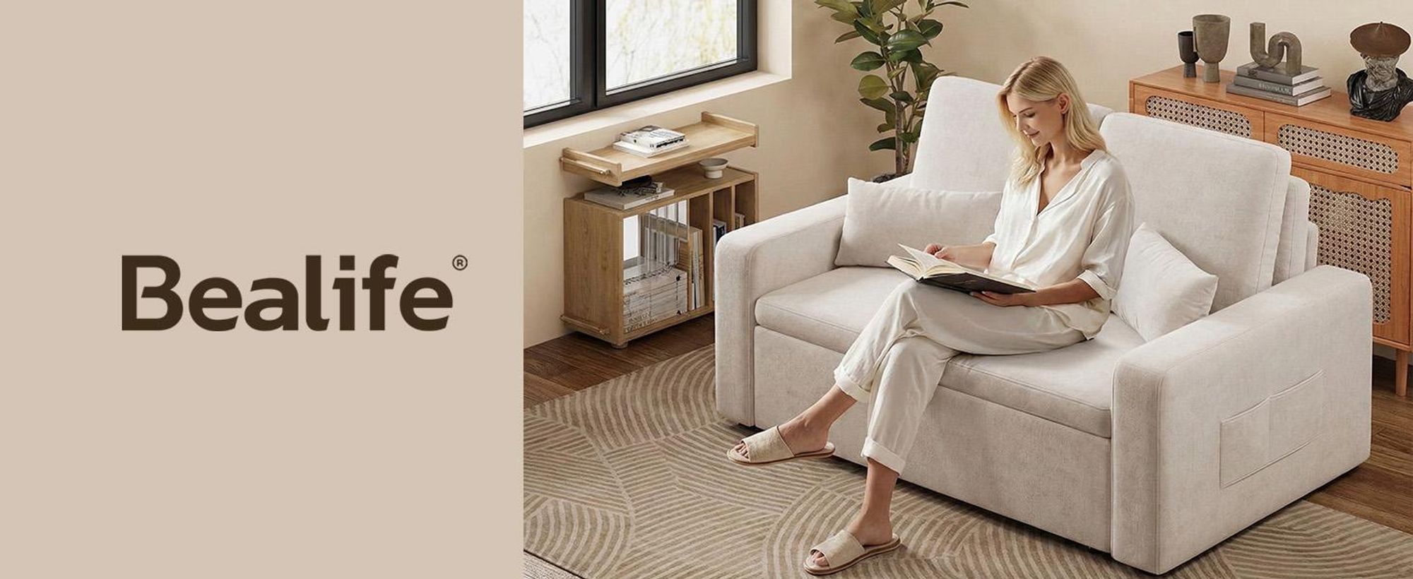 Bealife Sofa mit Schlaffunktion 147x82 cm - Ausziehbett - Chenillestoff, Cremeweiß,AR28