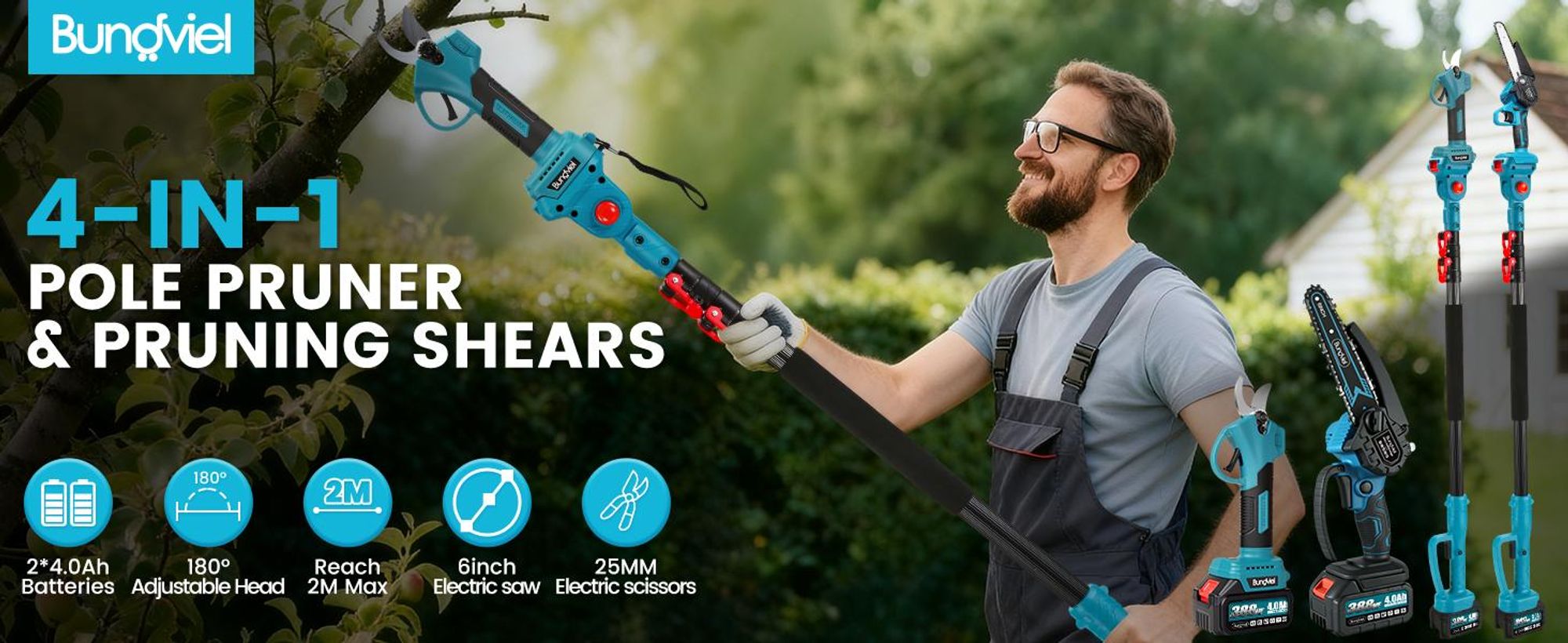 Akku Hochentaster 4-in-1 Bürstenloser Elektro Teleskop Hochentaster Astsäge Gartenschere mit 2× Akku, 2m Stangenlänge, Kompakte Hochentaster zum Baum
