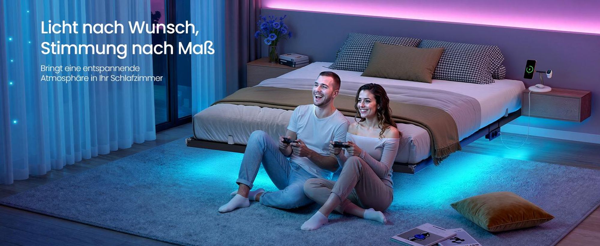 VASAGLE Bettgestell 160 x 200 cm mit LED-Beleuchtung, USB-C-Anschluss, Steckdosenleiste, Schlafzimmer, trägt bis 500 kg, schwarz
