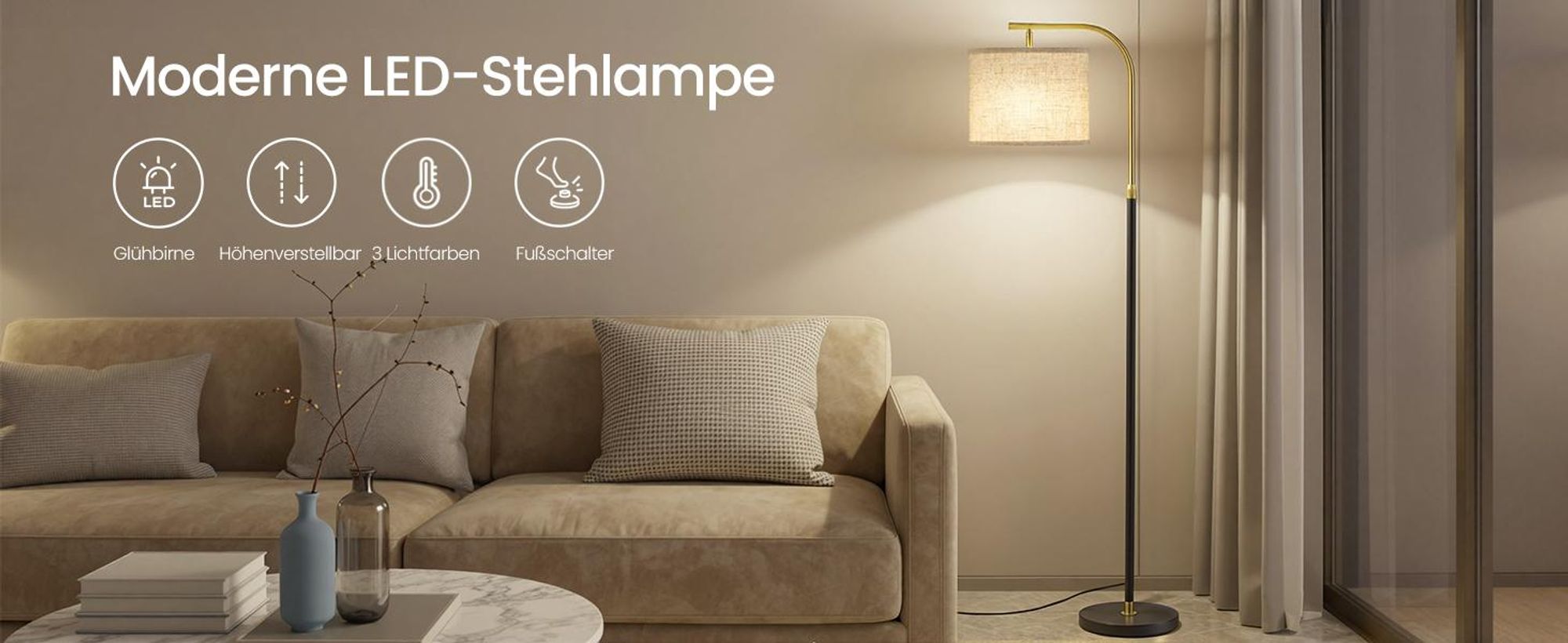 VASAGLE Stehlampe modern mit höhenverstellbarem Bogen, Leselampe mit Fußschalter, für Wohnzimmer, Stoffschirm, E27, schwarz