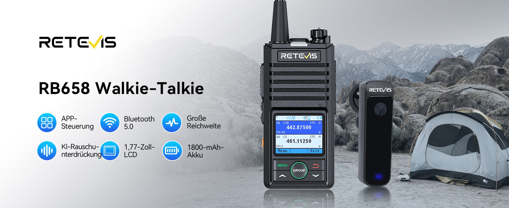 Retevis RB658 Ham Radio, Walkie Talkie mit APP-Steuerung VOX, 1800 mAh, 1,77-Zoll-Bildschirm, mit Bluetooth-Headset für Flotten, Gruppenreisen