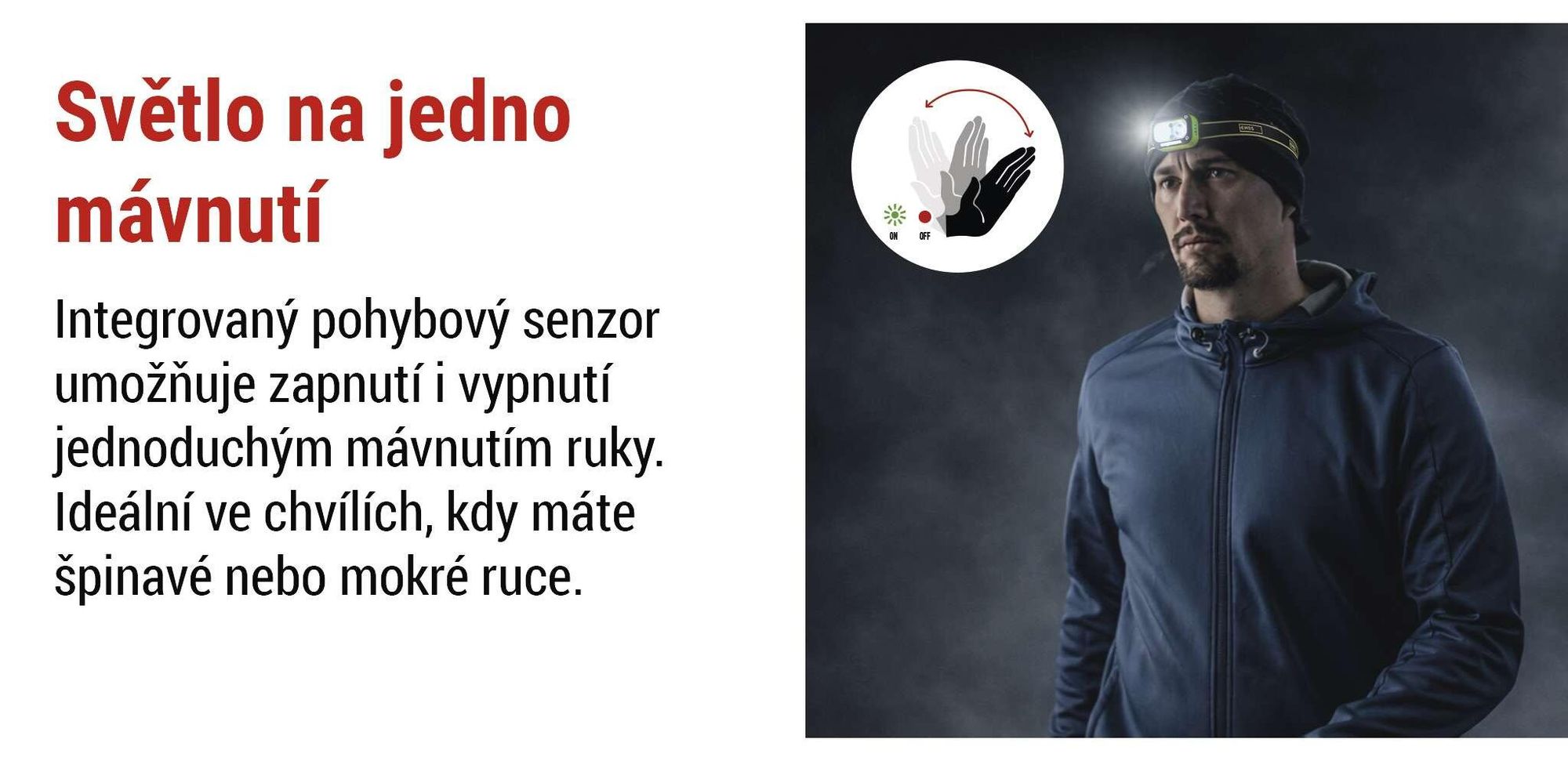 EMOS Nabíjecí čelovka se senzorem pohybu a 5 režimy svícení, 175 lm / 50 m / 4,5 h, odolná proti nárazu, Li-pol akumulátor 800 mAh, venkovní, P3545